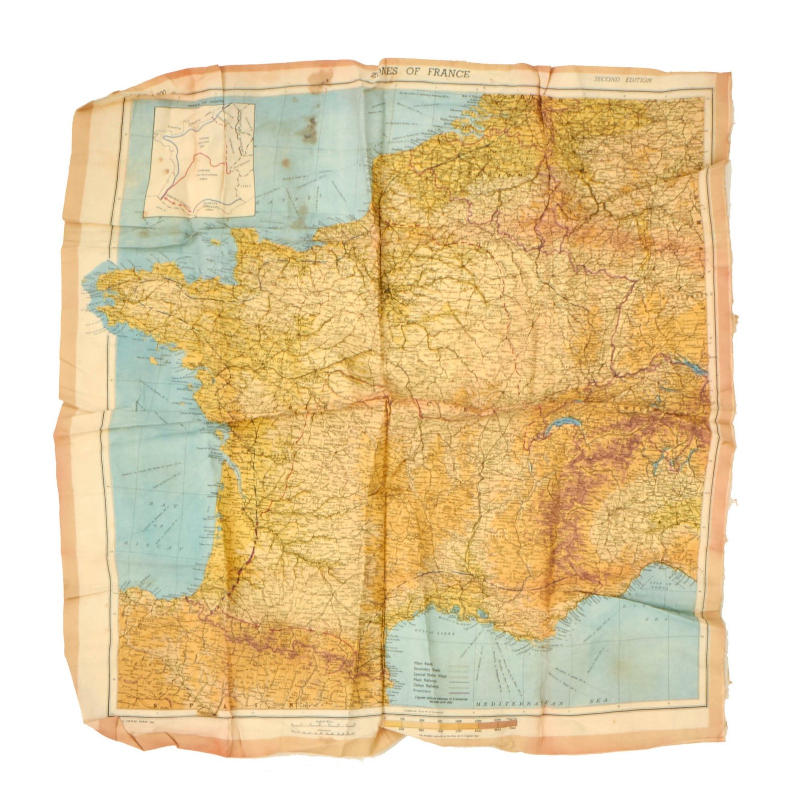 Buy Original U.S. WWII Airborne "Zones of France" D-Day Silk Map - Dated March 1944 - WEA Western European Area - 22 ½” x 24” | Original Firearms Antique For Sale