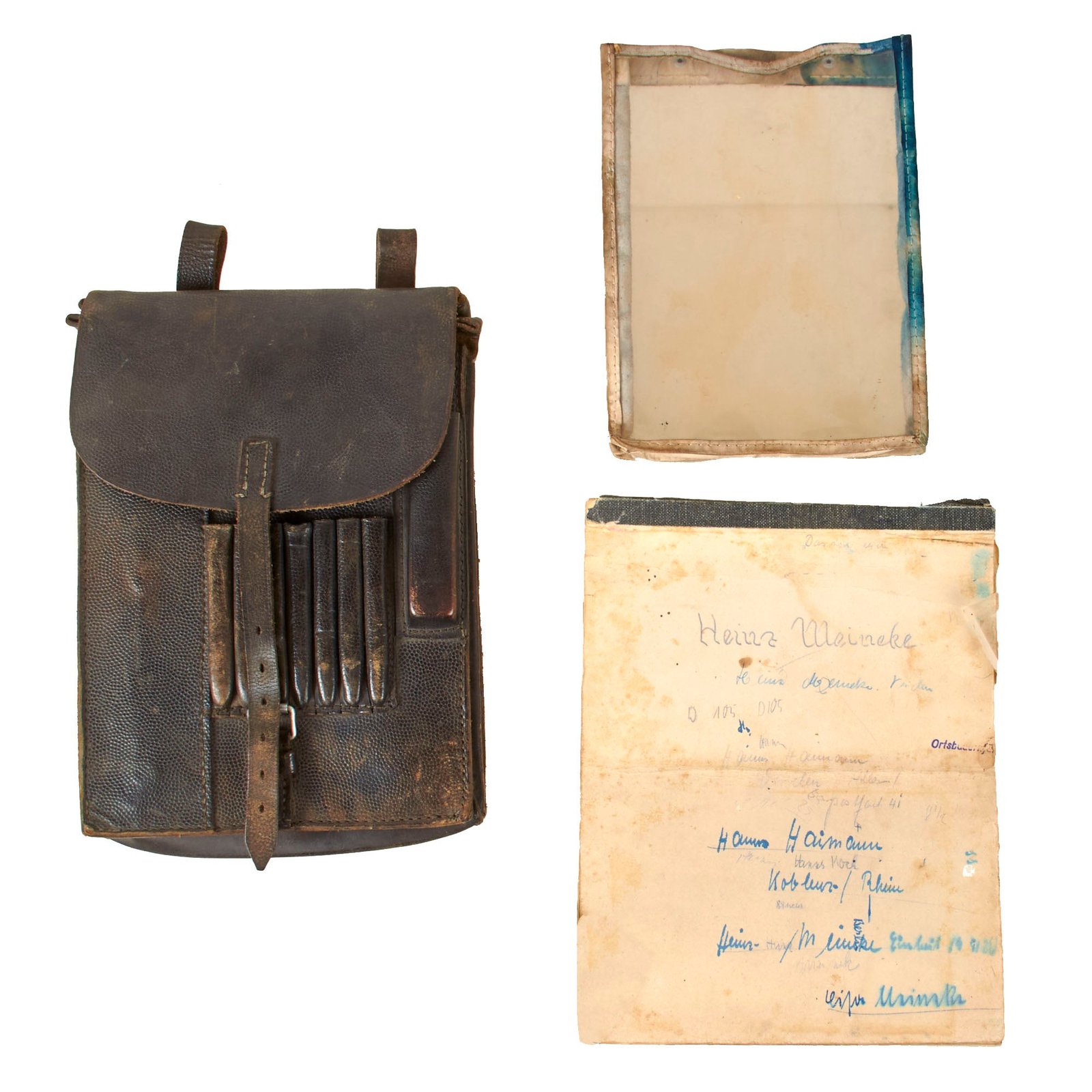 Original German WWII M35 Black Leather Dispatch Map Case with Antitank Unit Marked Plastic Insert