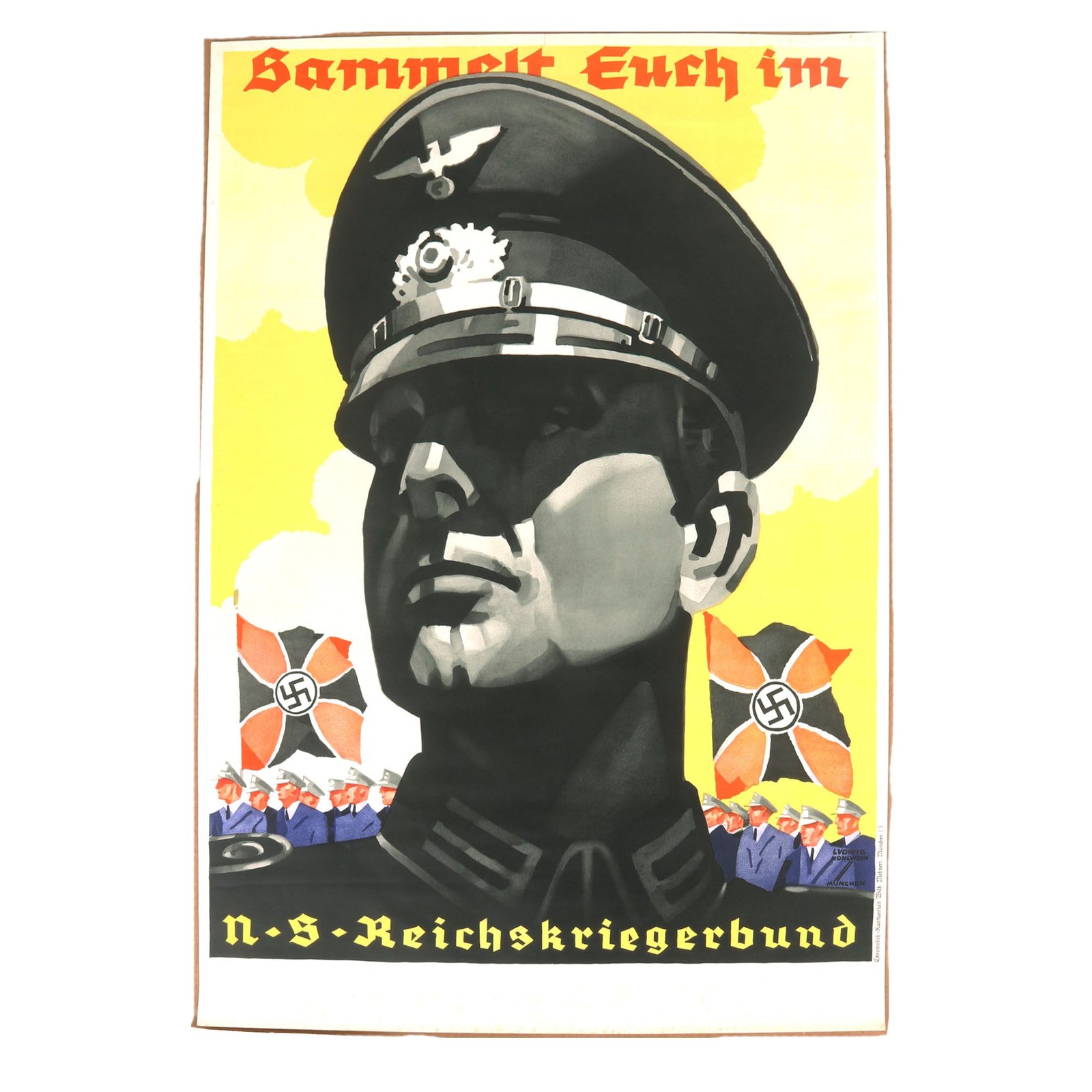 Buy Original German WWII Veteran’s Recruitment Propaganda Poster - Gather Together in the N.S. Reichskriegerbund - 23 ⅛” x 33 ¾" | Original Firearms Antique For Sale
