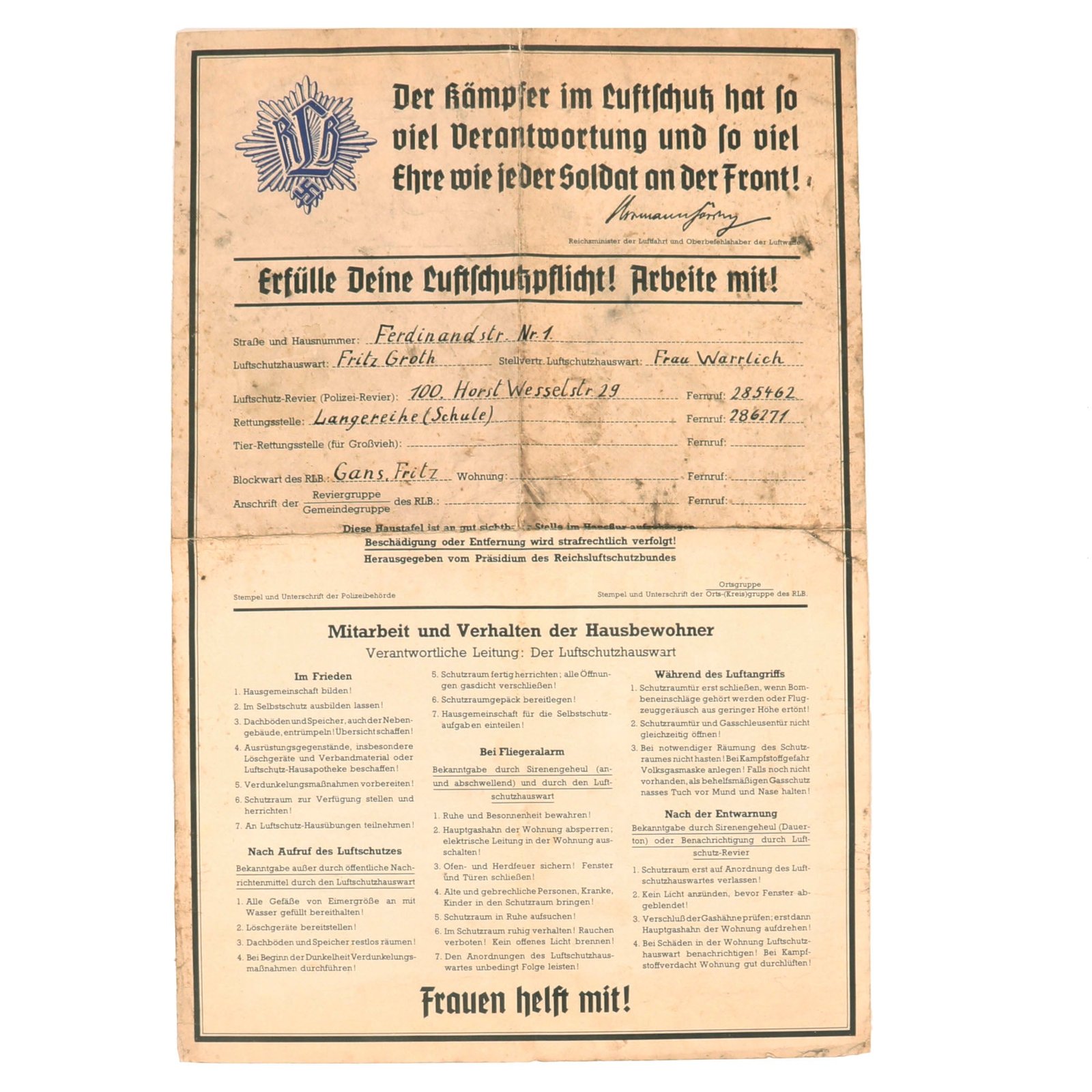 Buy Original German WWII RLB Danziger Luftschutzbund Recruitment Poster with Mechanical Drawing on Back - 13¼ x 19¾” | Original Firearms Antique For Sale