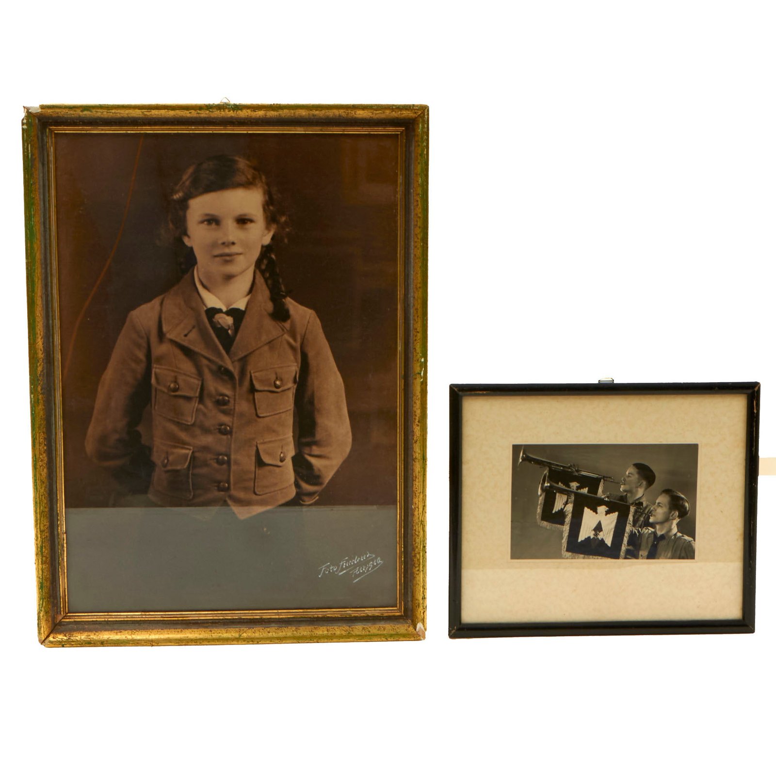 Buy Original German WWII National Socialist Youth Organization Fanfare Trumpeter and Personal Portrait Framed Photos - 10 ¾" × 15" | Original Firearms Antique For Sale