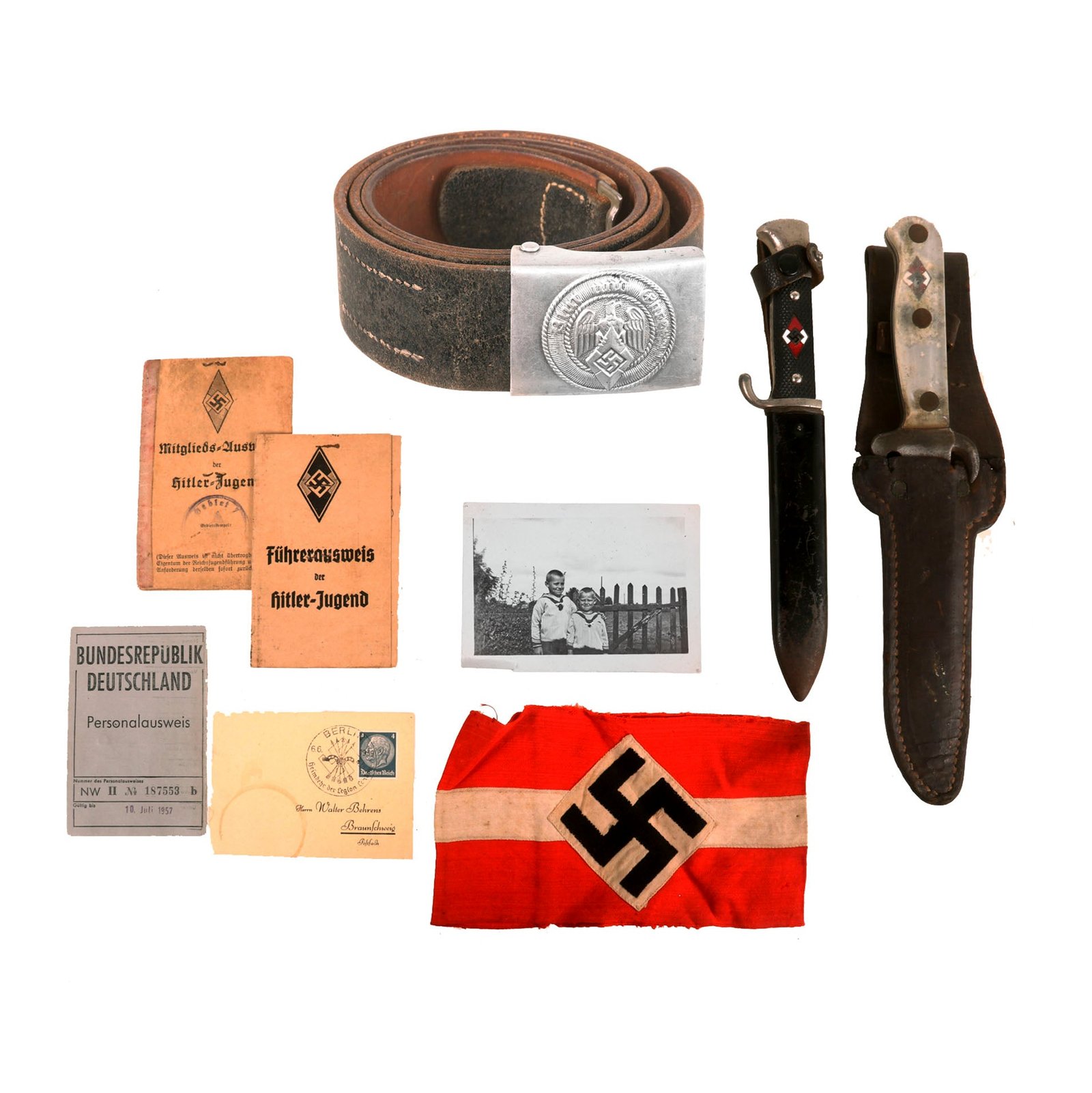 Buy Original German WWII HJ & Handmade Knife Identified Grouping with Photos - Armband & Belt with Buckle | Original Firearms Antique For Sale
