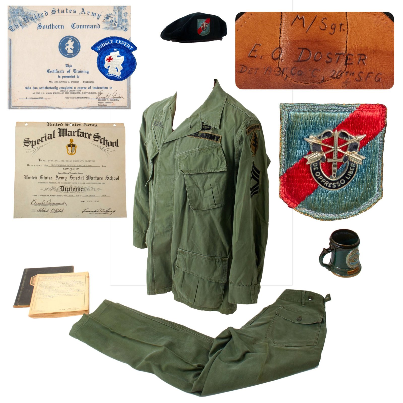 Original U.S. Vietnam War Era 20th Special Forces Group Uniform & Airborne Green Beret Group with Certificates and Ephemera - Master Sergeant Edward Otto Doster