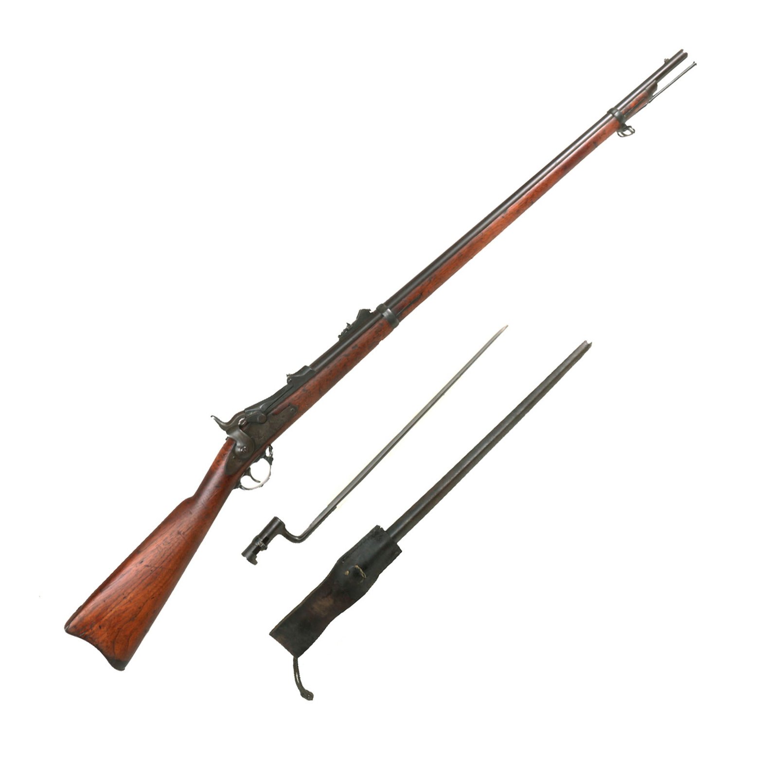 Buy Original U.S. Springfield Trapdoor Model 1873 Rifle made in 1879 with Standard Ramrod, Bayonet and Modified Scabbard - Serial 115220 | Original Firearms Antique For Sale