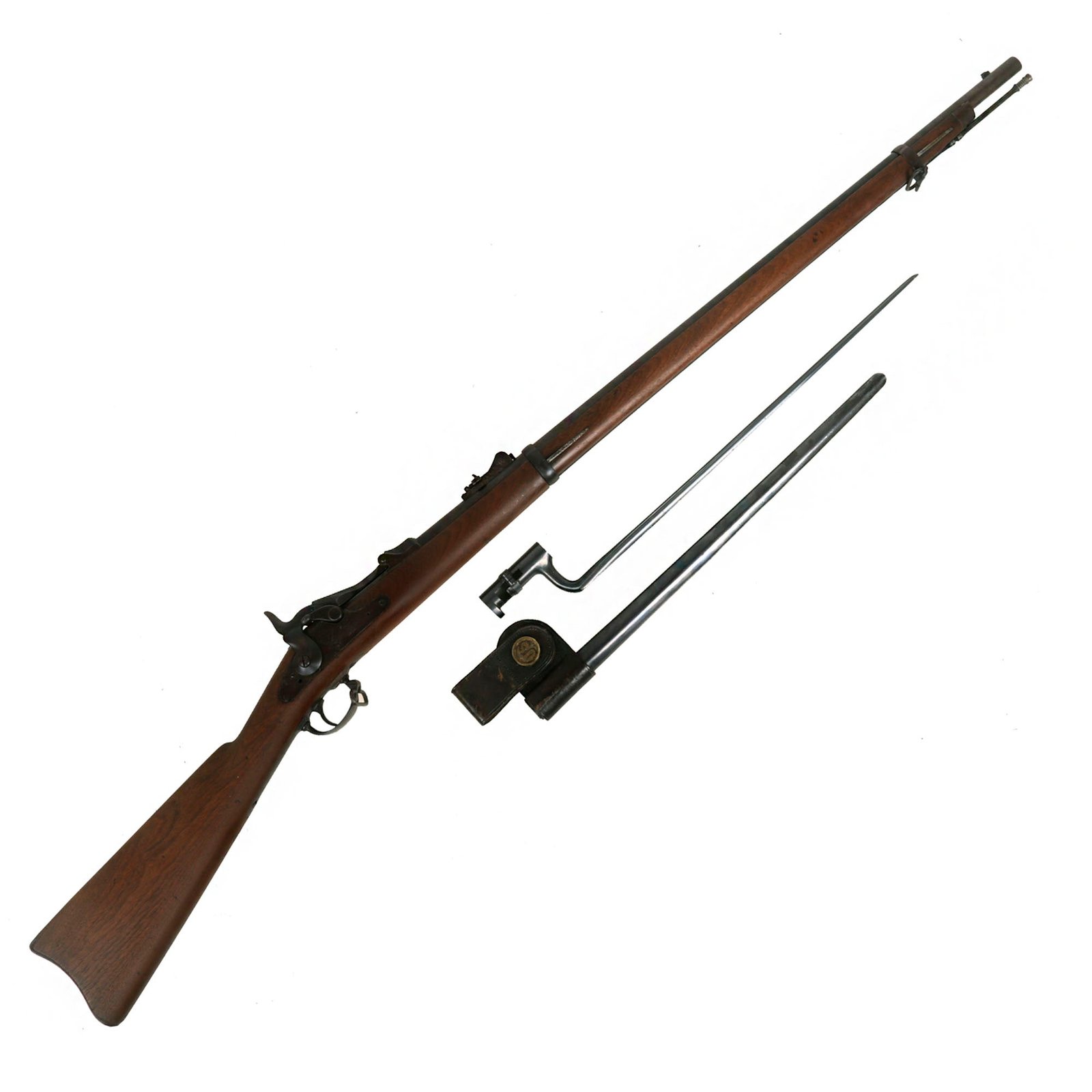 Buy Original U.S. Springfield Trapdoor Model 1873 Rifle made in 1879 with Standard Ramrod, Bayonet & Scabbard - Serial 108022 | Original Firearms Antique For Sale