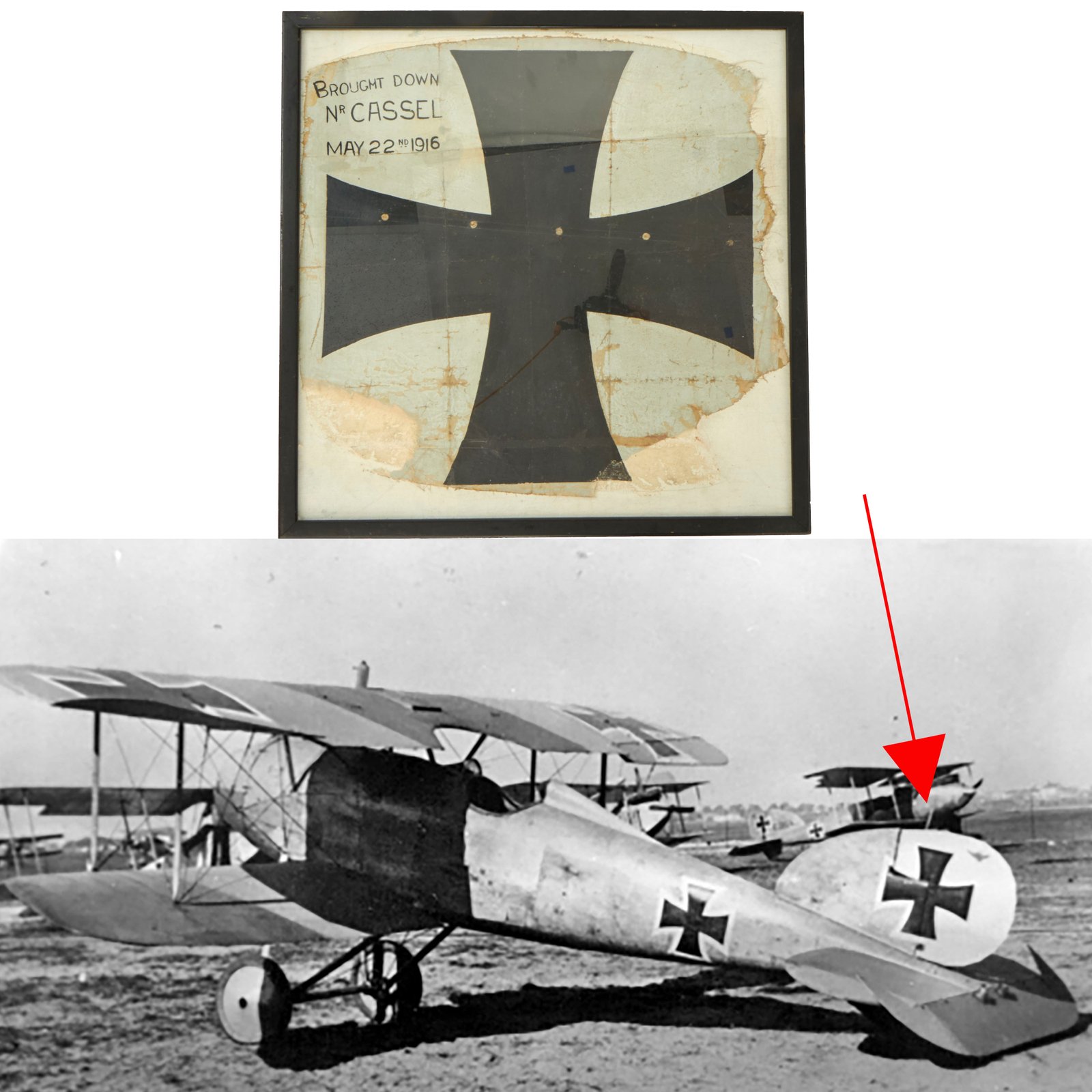 Buy Original Imperial German WWI Cut Off Painted "Doped" Linen Biplane Aircraft Skin Iron Cross Insignia - Framed 23 ½" × 23 ½" | Original Firearms Antique For Sale