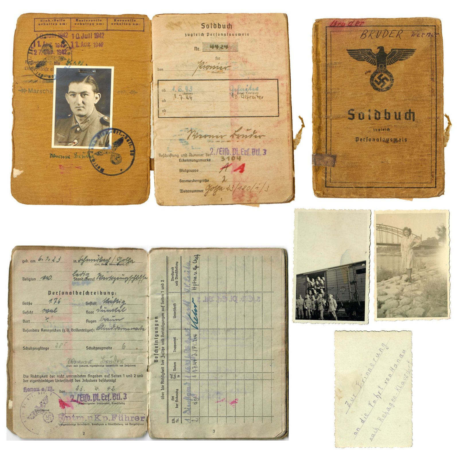 Buy Original German WWII Heer Soldbuch Soldier ID & Payment Book for Eisenbahn Pioneer Werner Bruder with Two Photos | Original Firearms Antique For Sale