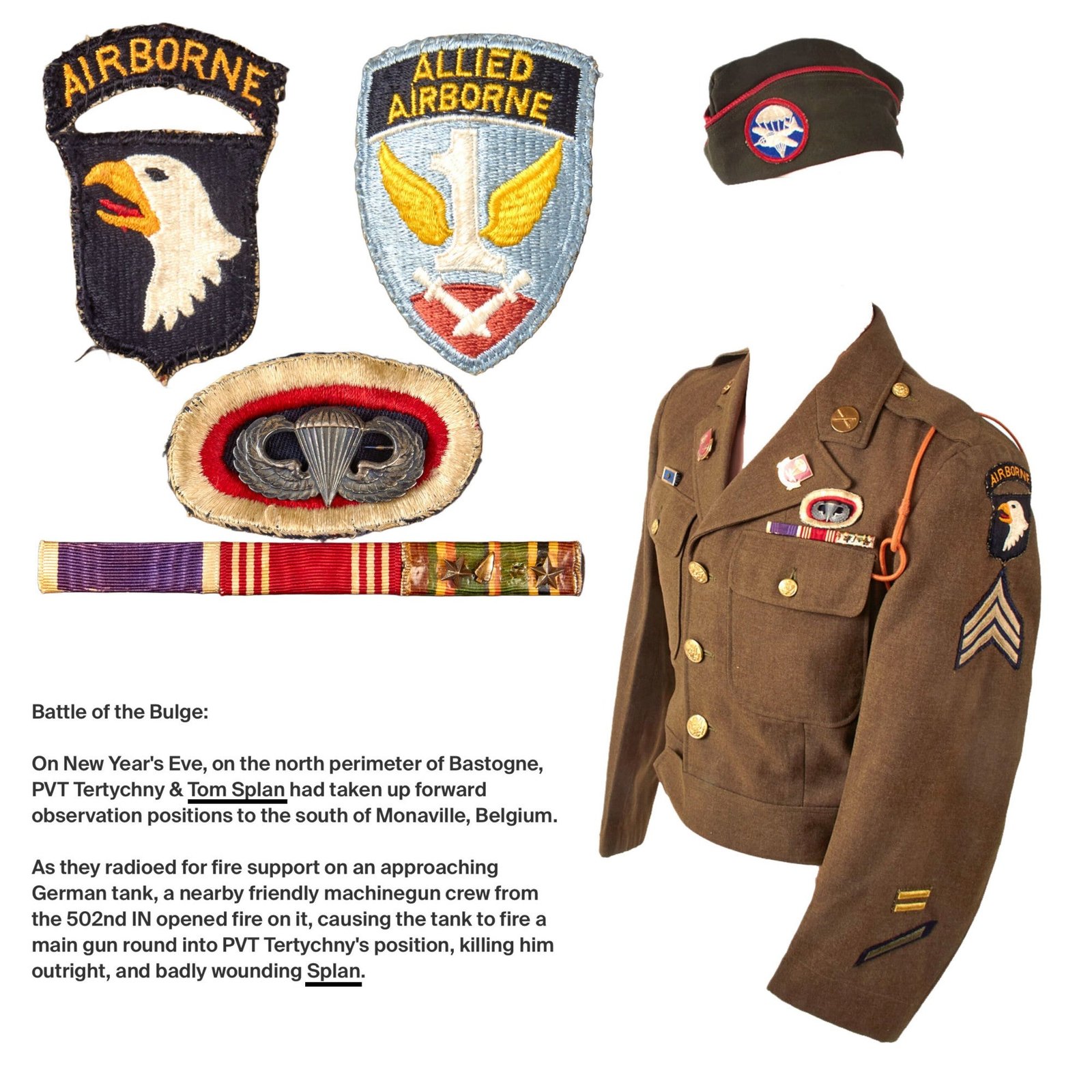 Original U.S. WWII 101st Airborne Division Attributed 377th PFAB Ike Jacket Uniform with Great DI and Garrison Cap - Sergeant Tom Splan