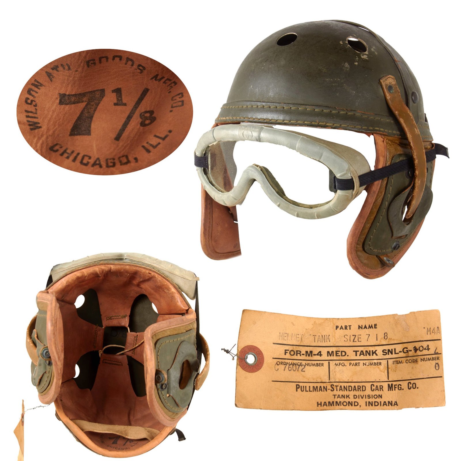 Original U.S. WWII M38 Tanker Helmet by Wilson Athletic Goods with Polaroid Goggles & Period Part Name Tag