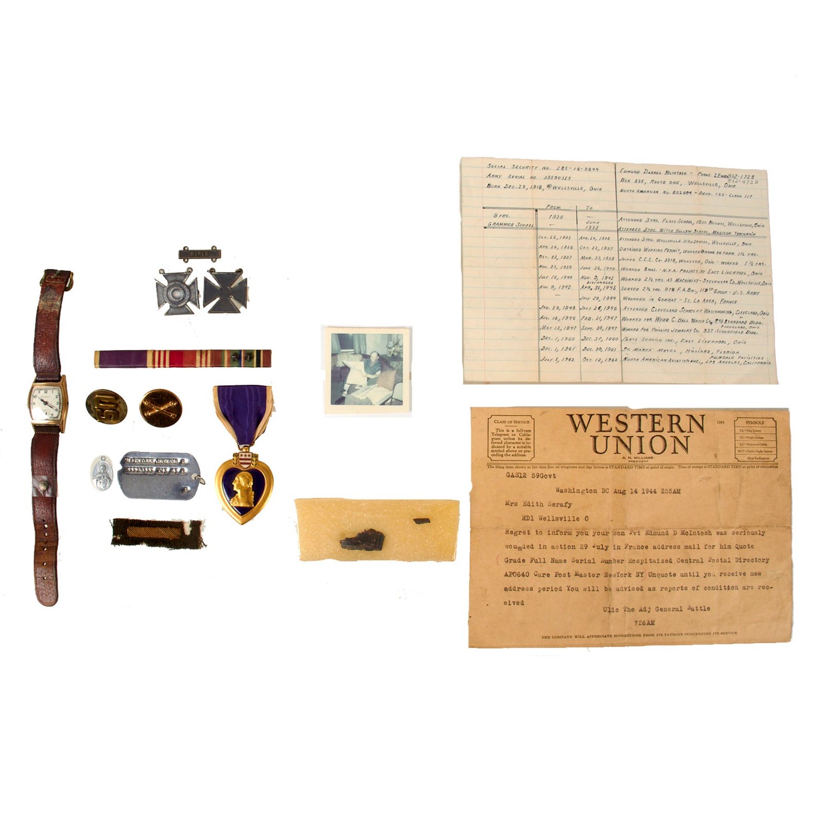 Original U.S. WWII 978th Field Artillery Battalion Wounded Group with Shrapnel Removed from Wound and Western Union Telegram - Edmond D. McIntosh - Wounded at St. Lo