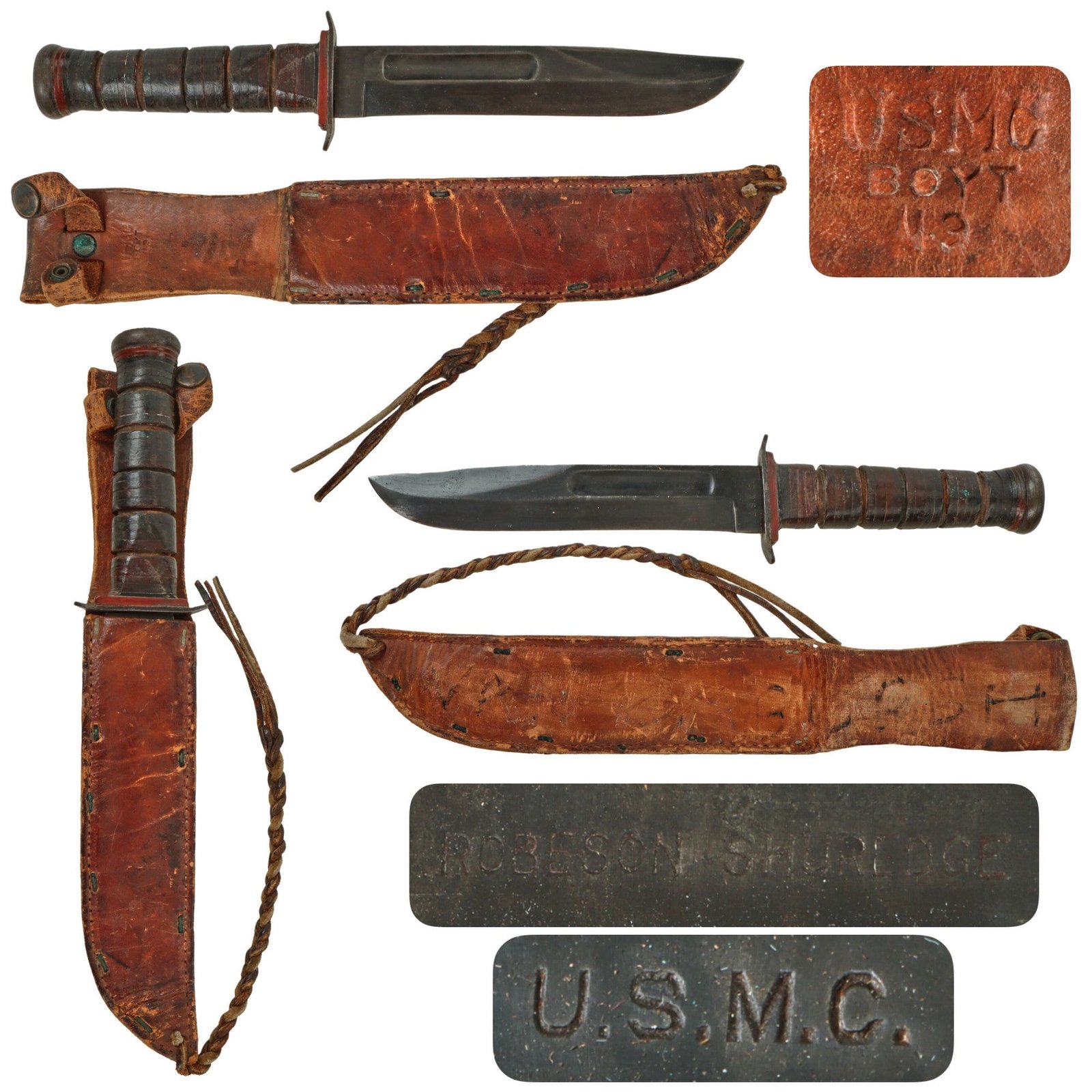 Original U.S. WWII USMC Rare “Red Spacer” Mark 2 KA-BAR Fighting Knife by Robeson Shuredge with Boyt USMC Leather Scabbard - Extremely Scarce