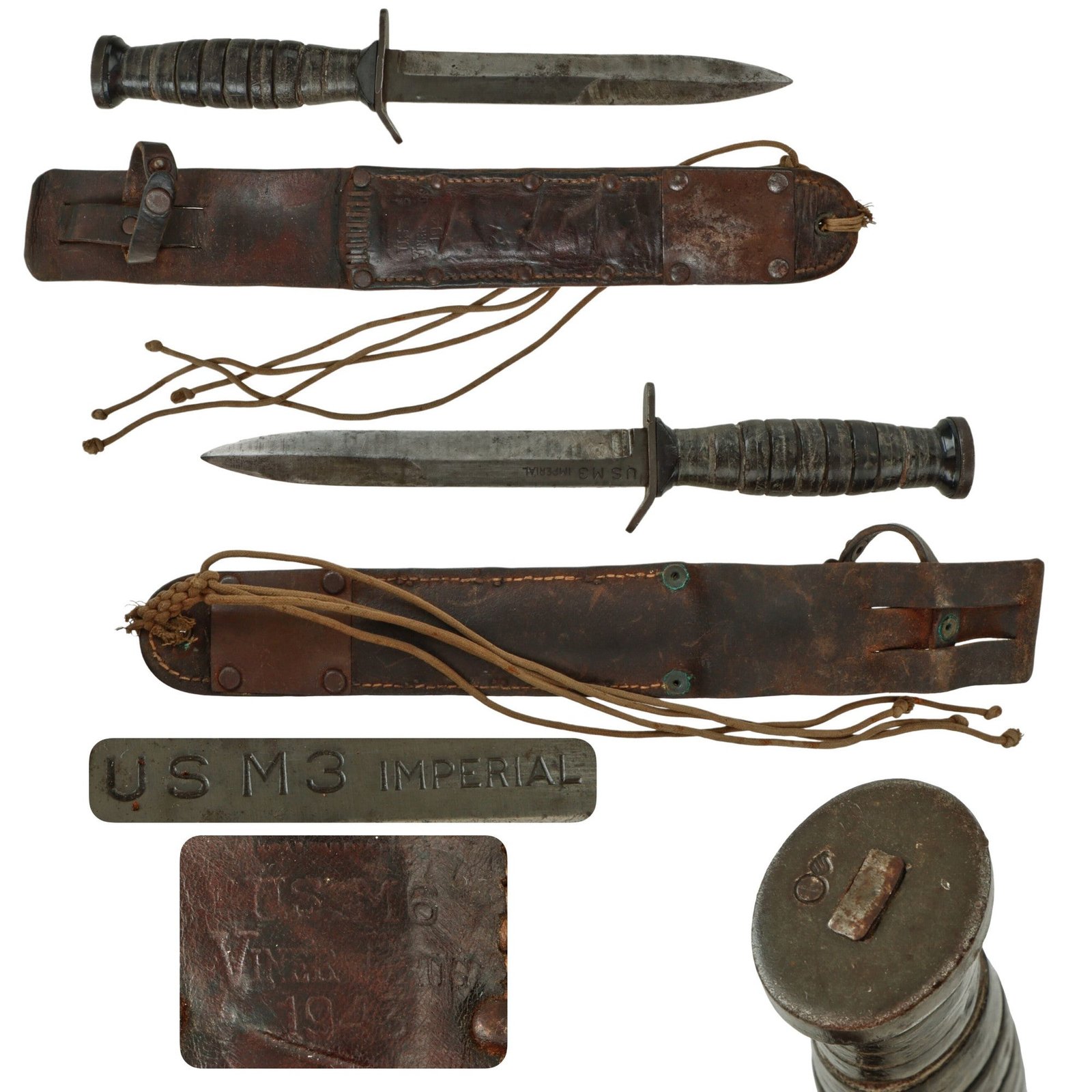Original U.S. WWII M3 Blade-Marked Fighting Knife by Imperial with 1943-Dated M6 Leather Scabbard by Viner Bros