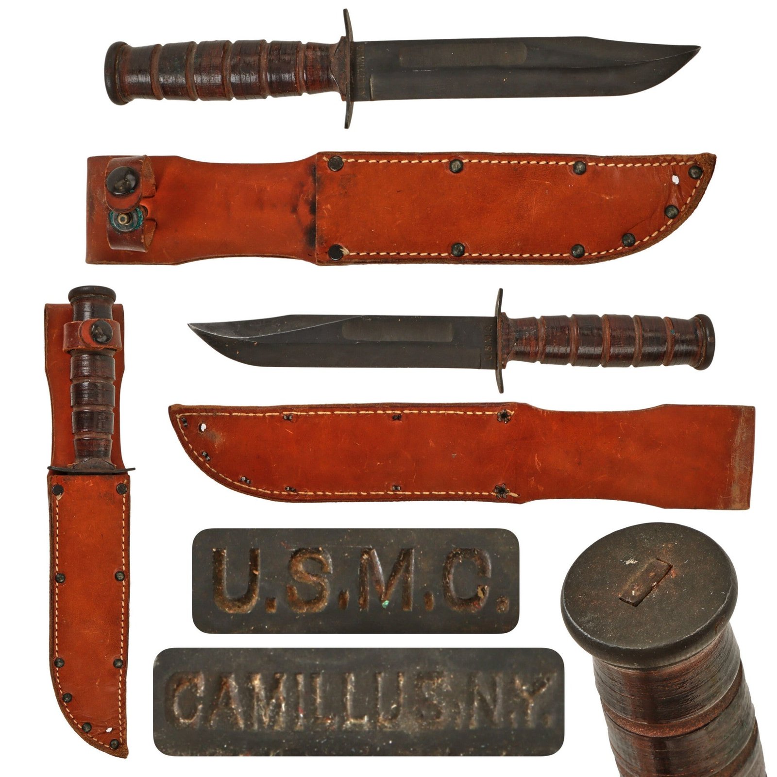 Original U.S. WWII USMC Early Blade-Marked Mark 2 KA-BAR Fighting Knife by CAMILLUS in Leather Sheath