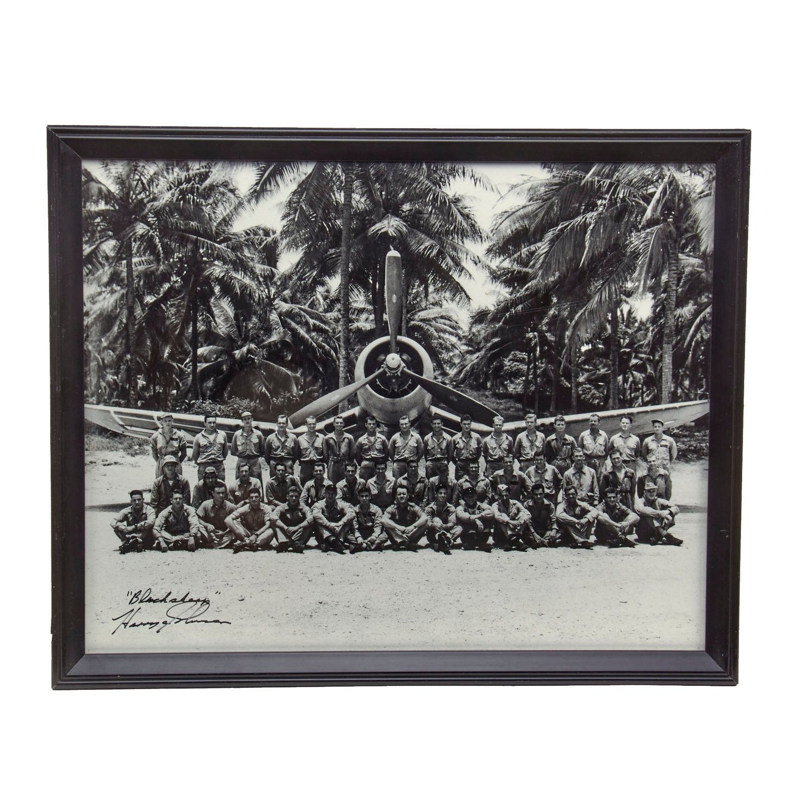 Original U.S. WWII Framed “Black Sheep” Harry “Skinny” Johnson Signed Photograph - Shot Down Final Zero of Squadron 17⅝ x 21⅝”
