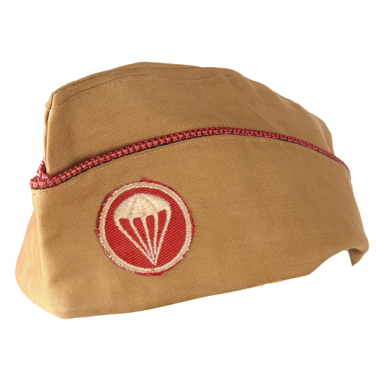 Original U.S. WWII Airborne Enlisted Tan Garrison Cap with Artillery Piping & Paratrooper Patch