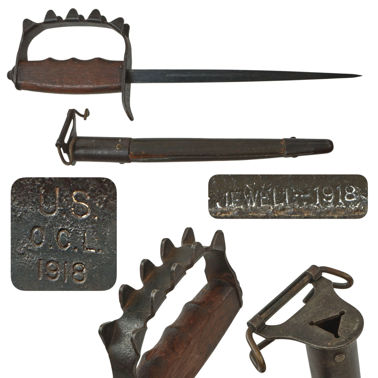 Original U.S. WWI M1917 Knuckle Duster Trench Knife by Oneida Community Limited OCL with Original 1918-Dated Jewell Scabbard - Extremely Rare Maker
