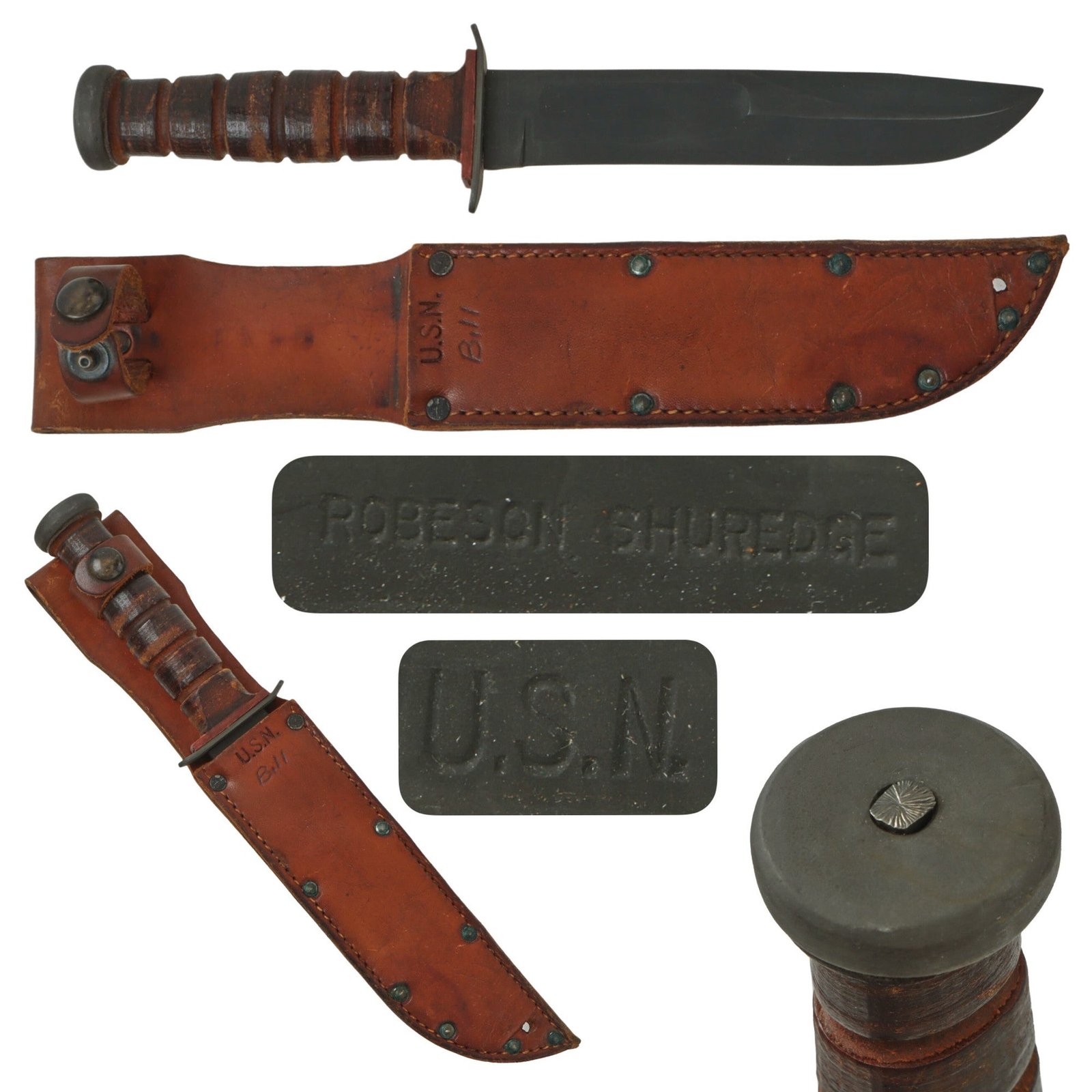 Original U.S. WWII USN Red Spacer Mark 2 KA-BAR Fighting Knife by Robeson Cutlery with USN Leather Sheath - Excellent