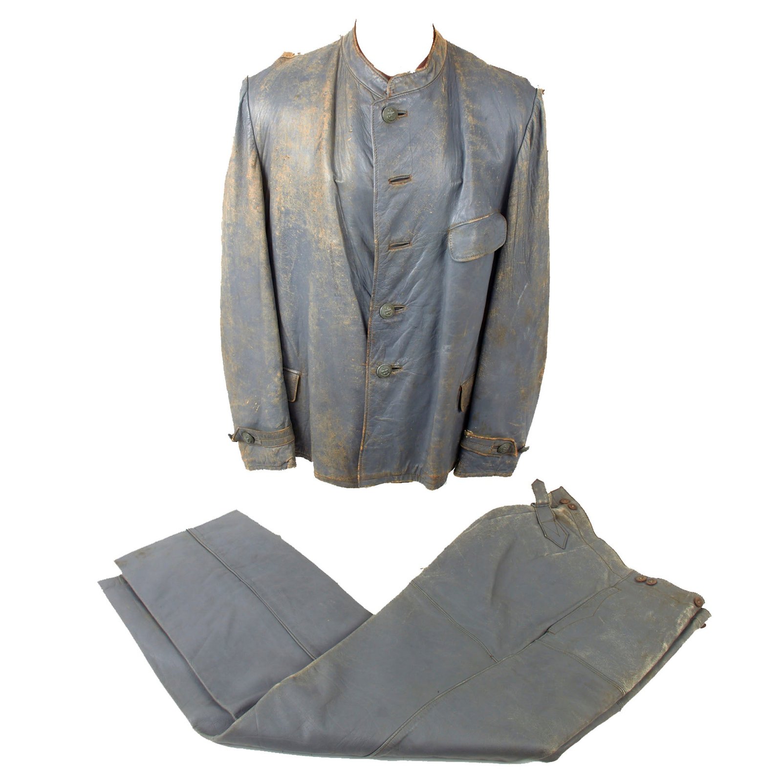 Original German WWII Kriegsmarine U-Boat Blue Grey Leather Jacket and Trouser Set