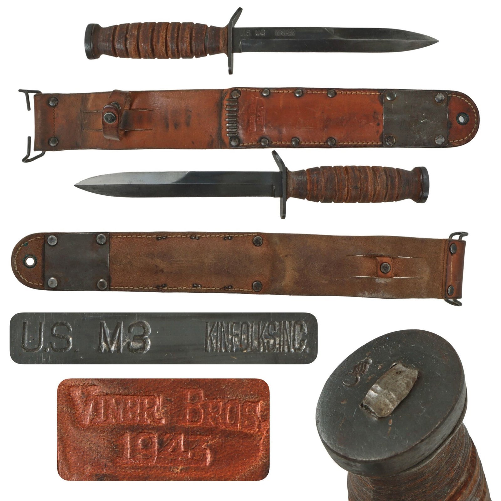 Original U.S. WWII Excellent Condition Blade Marked M3 Fighting Knife by Kinfolks, Inc. with 1943 Dated M6 Scabbard by Viner Bros