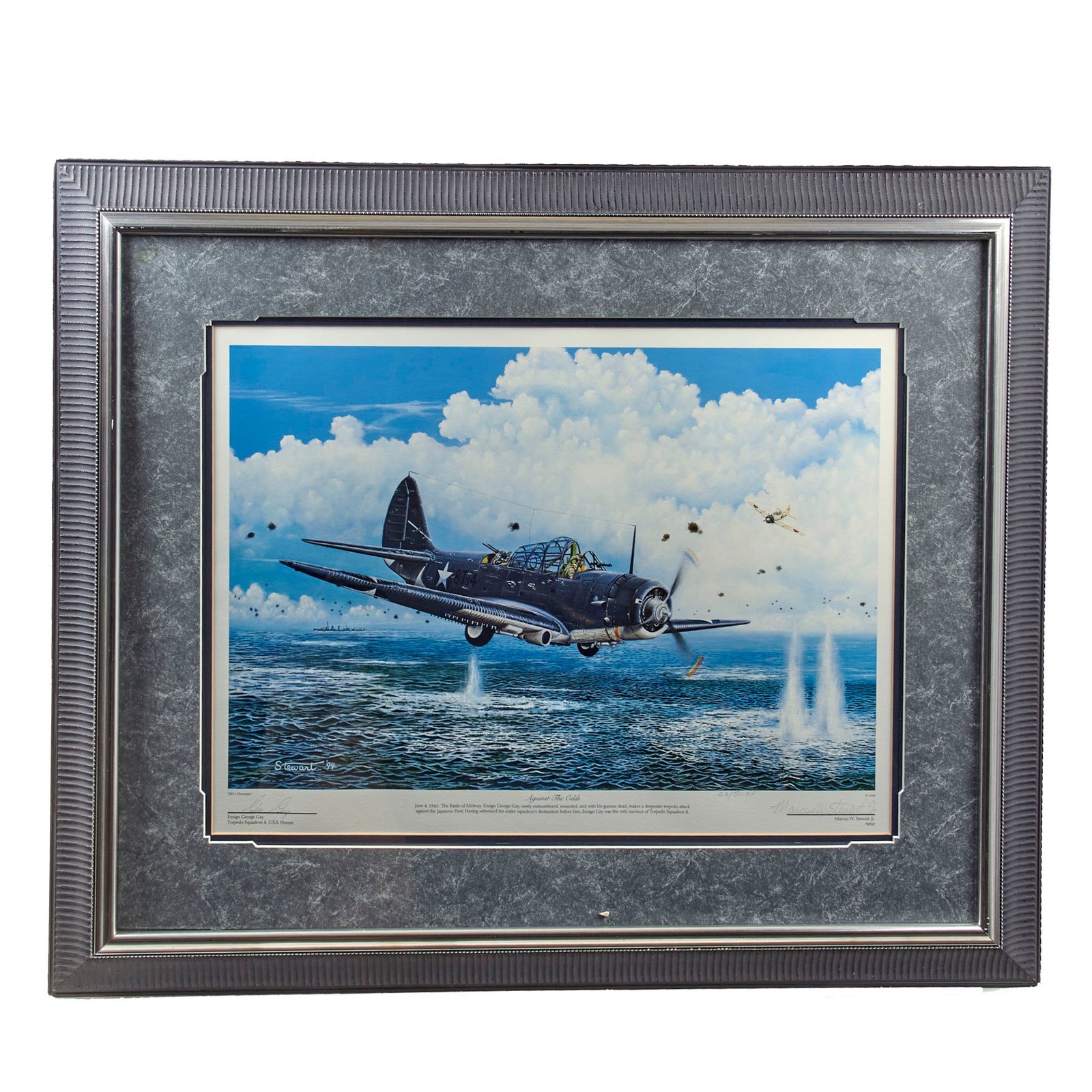 Original Signed Limited Edition Artist’s Proof Print: Framed “Against the Odds” by Marcus W. Stewart Signed by Ensign George Gay, Torpedo Squadron 8 - 24/50 - 26 ¼ x 32 ¼”