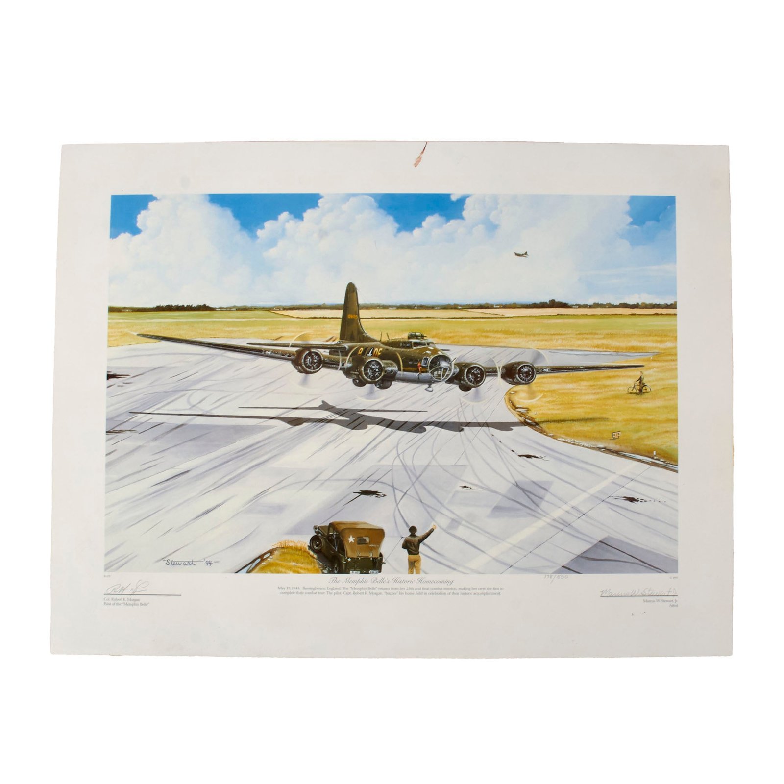 Original Signed Limited Edition Print: “The Memphis Belle’s Historic Homecoming” by Marcus W. Stewart Signed by Colonel Robert Morgan, Pilot of Memphis Belle - 178/500 - 18¾ x 25”