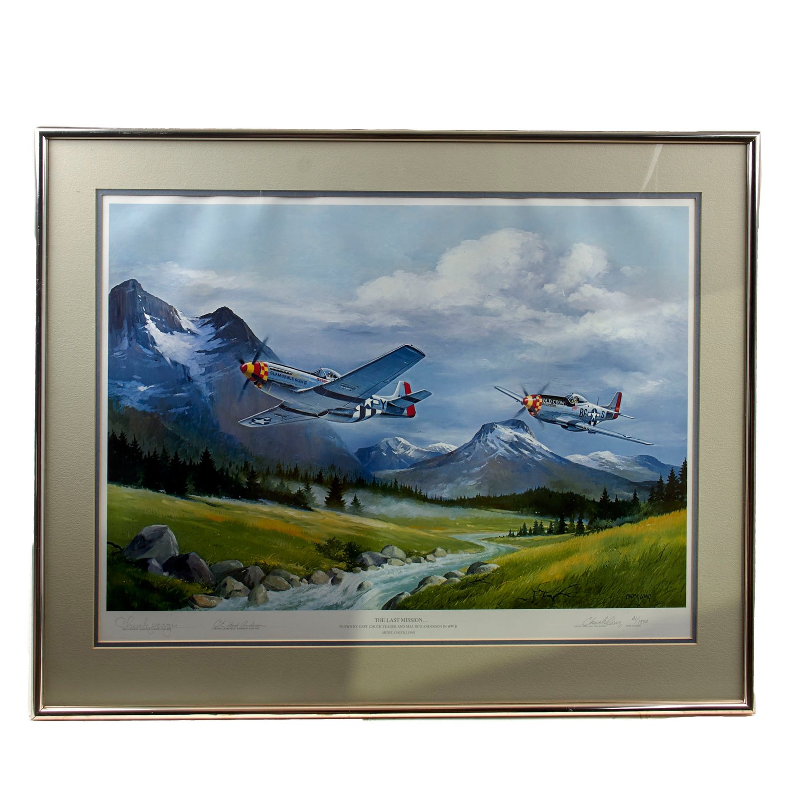 Original Signed Limited Edition Print: Framed “The Last Mission” by Chuck Long Signed by Chuck Yeager and Bud Anderson - 41/1950 - 27⅛ x 34¼”