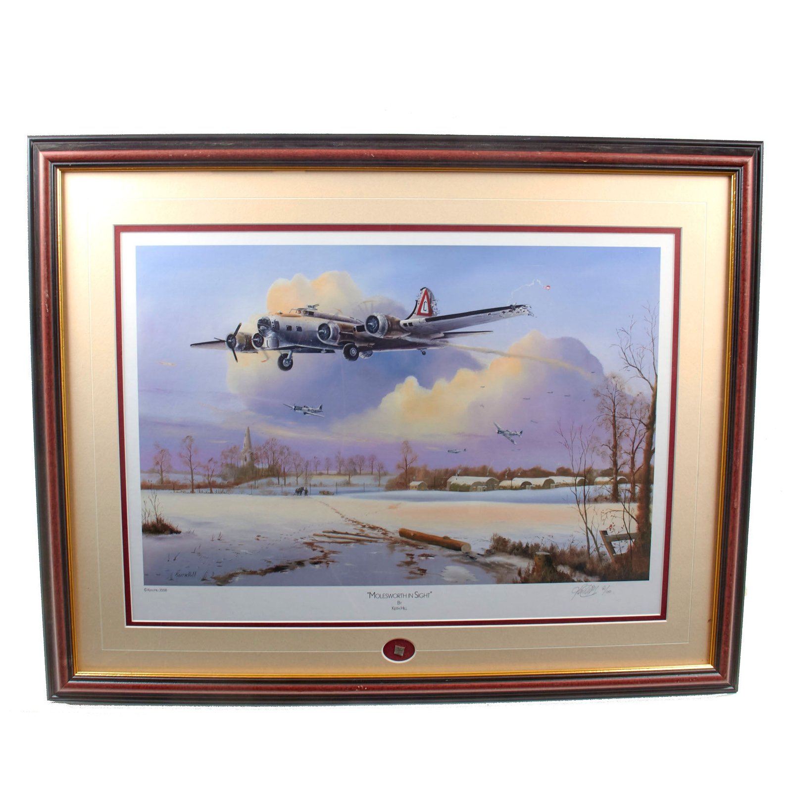 Original Signed Limited Edition Print: Framed “Molesworth in Sight” by Keith Hill with Fragment of Aircraft - 21/100 - 26¾ x 33¾”