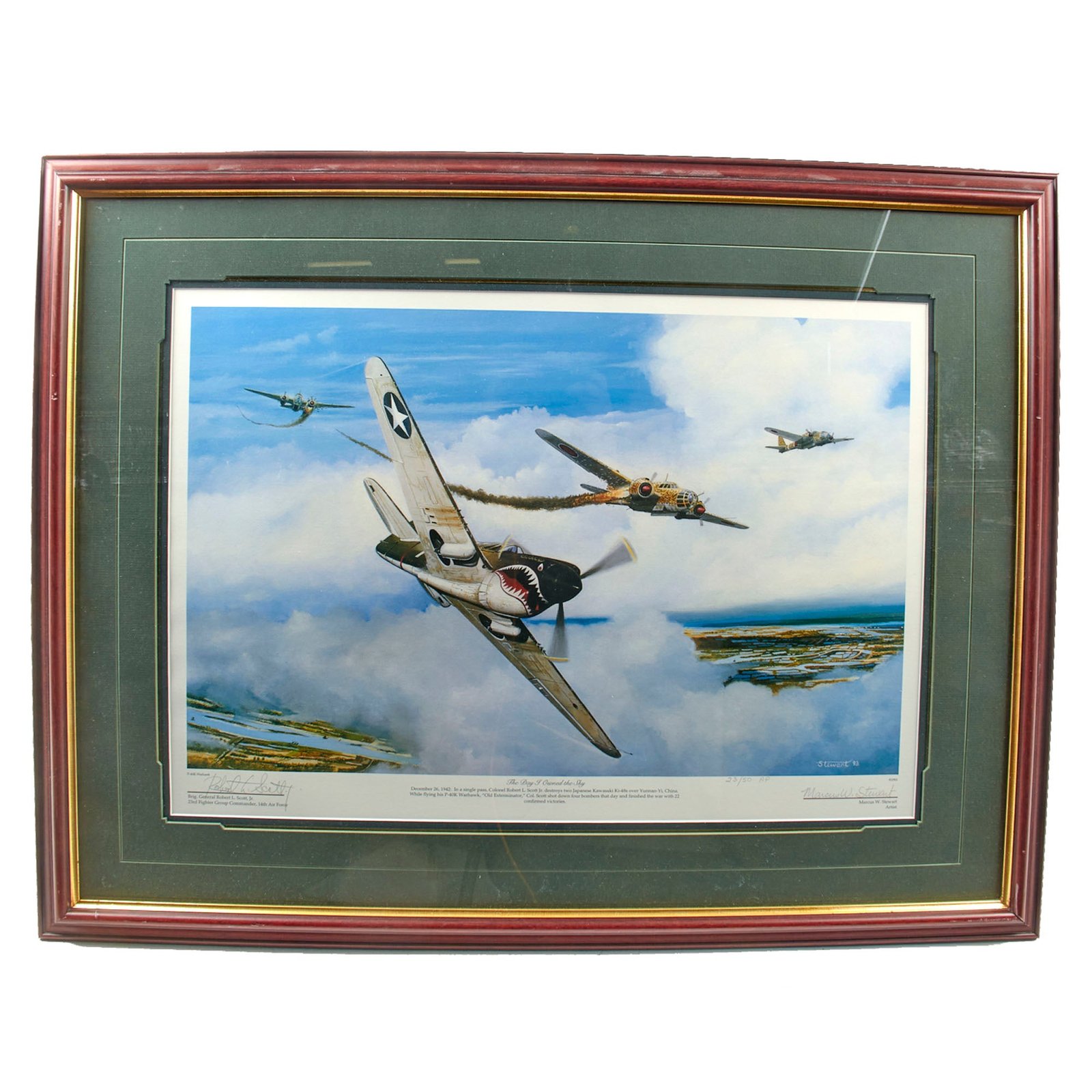 Original Signed Limited Edition Artist’s Proof Print: Framed “The Day I Owned the Sky” by Marcus W. Stewart Jr. Signed by WWII Ace Brigadier General Robert L. Scott Jr. - 23/50 - 24½ x 30½”