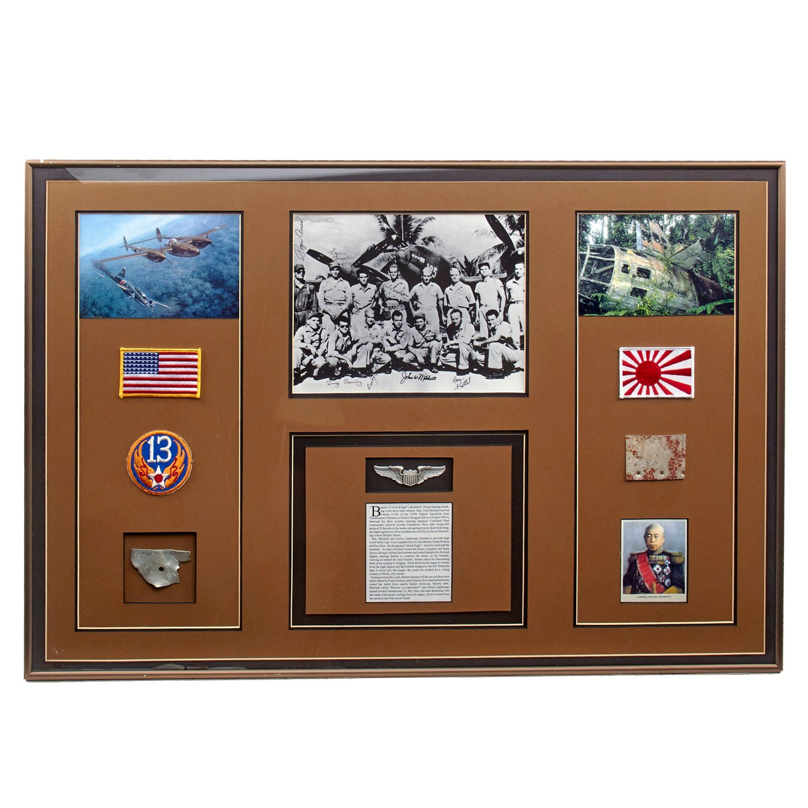 Original Japanese WWII Framed Mitsubishi G4M Betty Hull Fragment from U.S. Operation Vengeance with Signed Photo of Participants & Fragment from Their Plane - Admiral Yamamoto - 22 ½ x 32 ¼”
