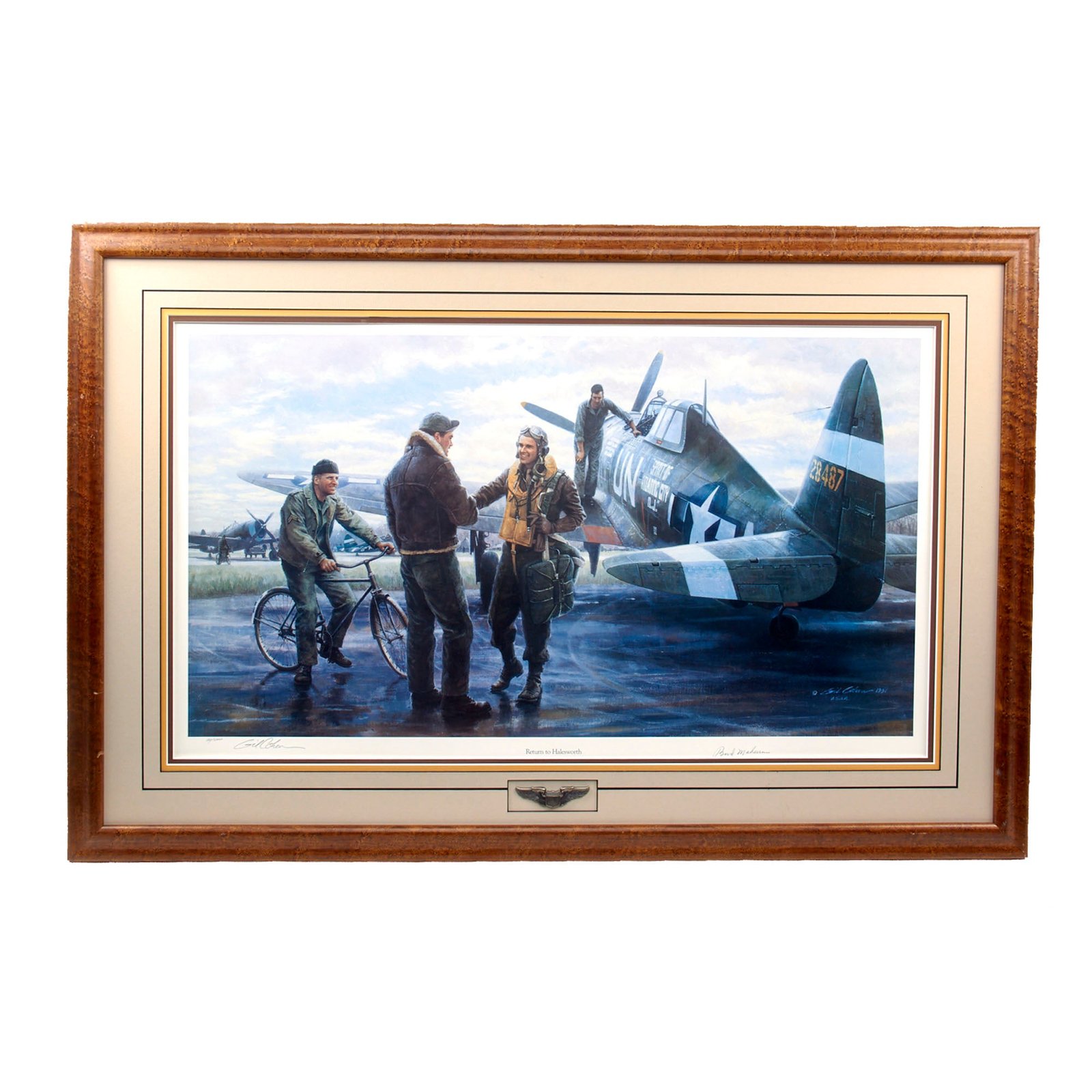 Original Signed Limited Edition Print: Framed “Return to Halesworth” by Gil Cohen Signed by Bud Mahurin and Robert S. Johnson with Pilot’s Wings - 121/1000 - No Glass - 26¼ x 39¾”