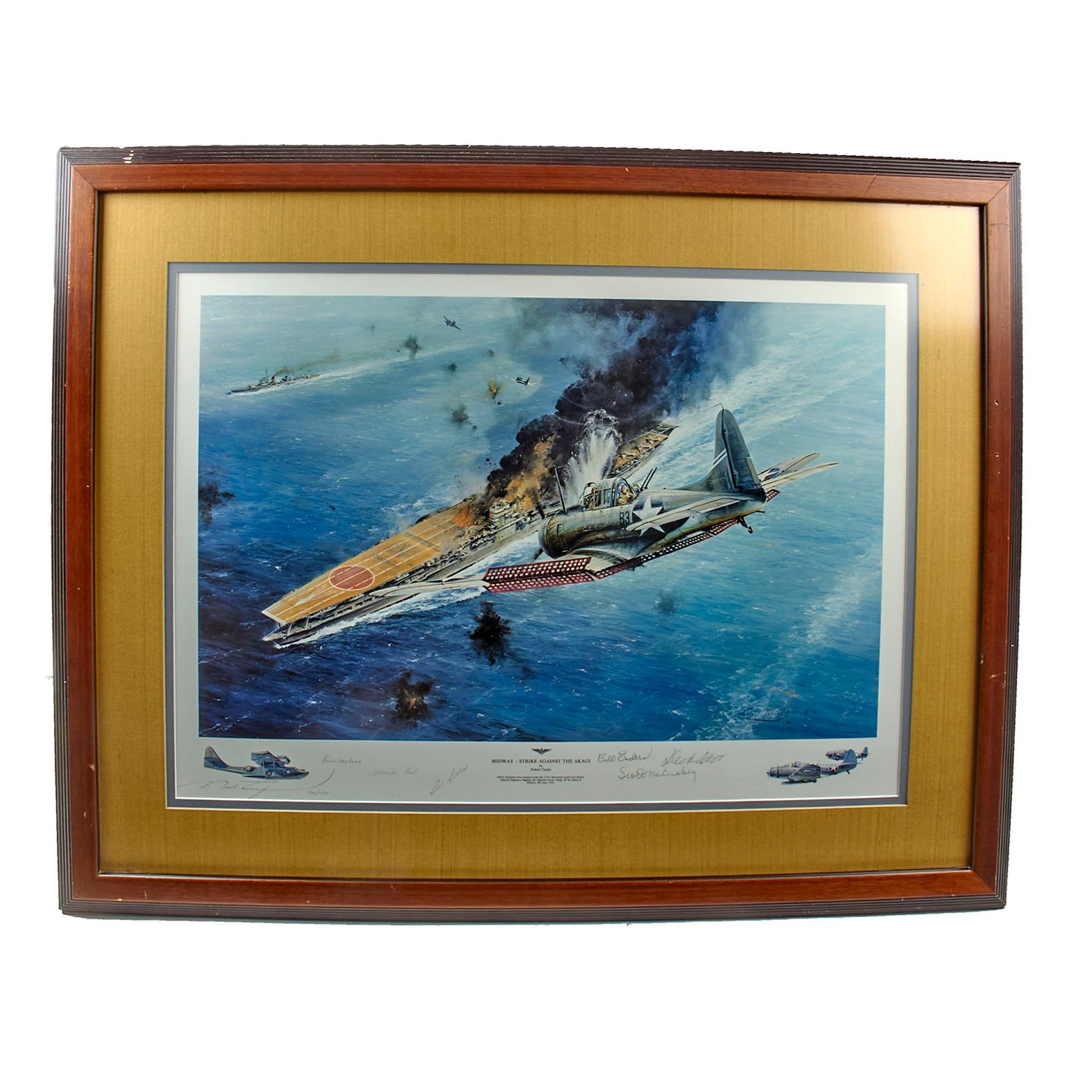 Original Signed Limited Edition Print: Framed “Midway - Strike Against the Akagi” by Robert Taylor Signed by Six Courageous Pilots Who Flew at Midway - 572/1250 - 31 x 39¼”