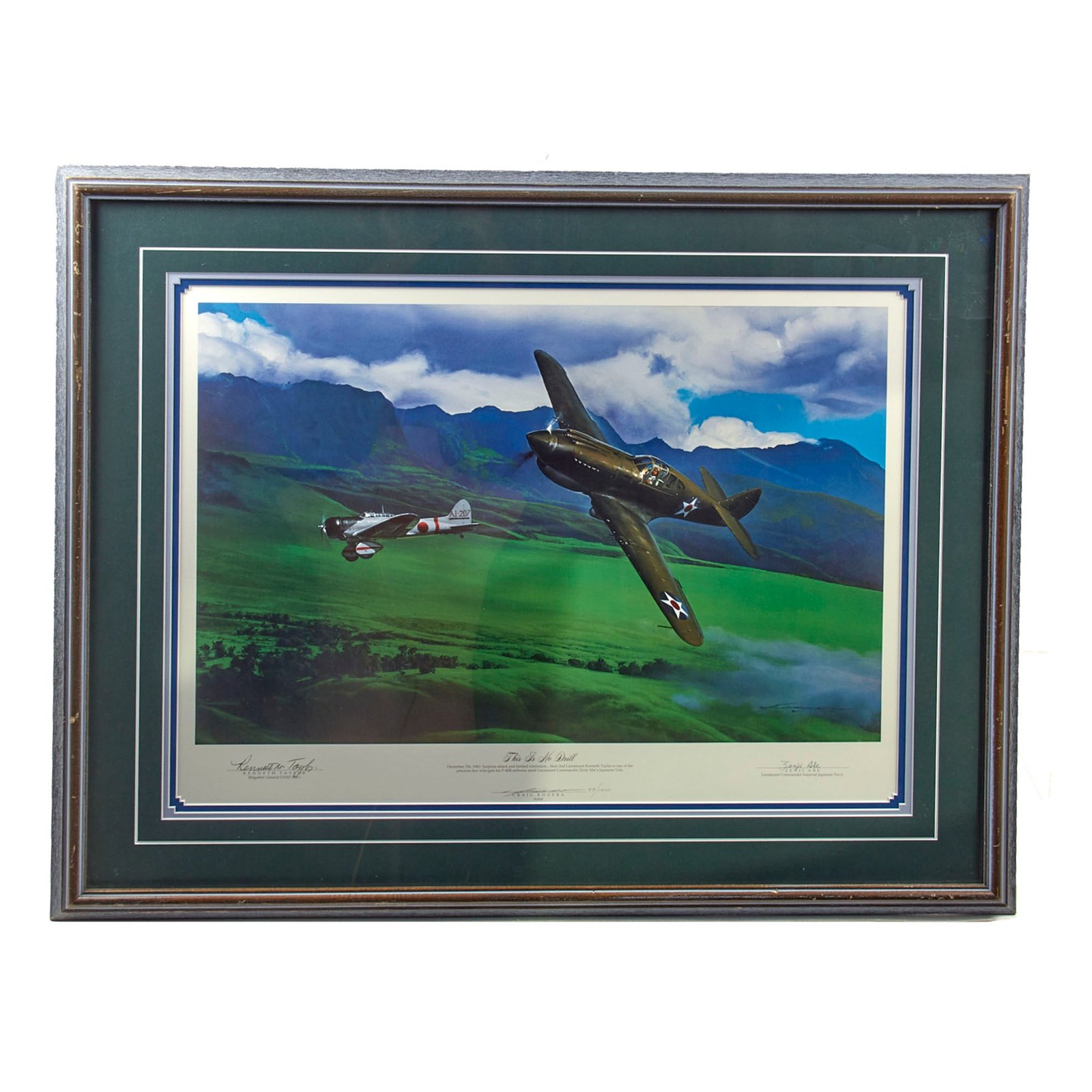 Original Signed Limited Edition Print: Framed “This is No Drill” by Craig Kodera Signed by Brigadier General Kenneth M. Taylor & Lieutenant Commander of the Imperial Japanese Navy, Zenji Abe - 99/1000 - 25¼ x 30¾”