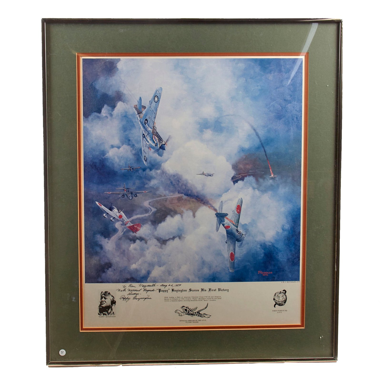 Original Signed Limited Edition Print: Framed “Pappy Boyington Scores His First Victory” by William Reynolds Signed & Presented by Boyington to Ron Fraymuth in 1979 - 23¼ x 27¼”