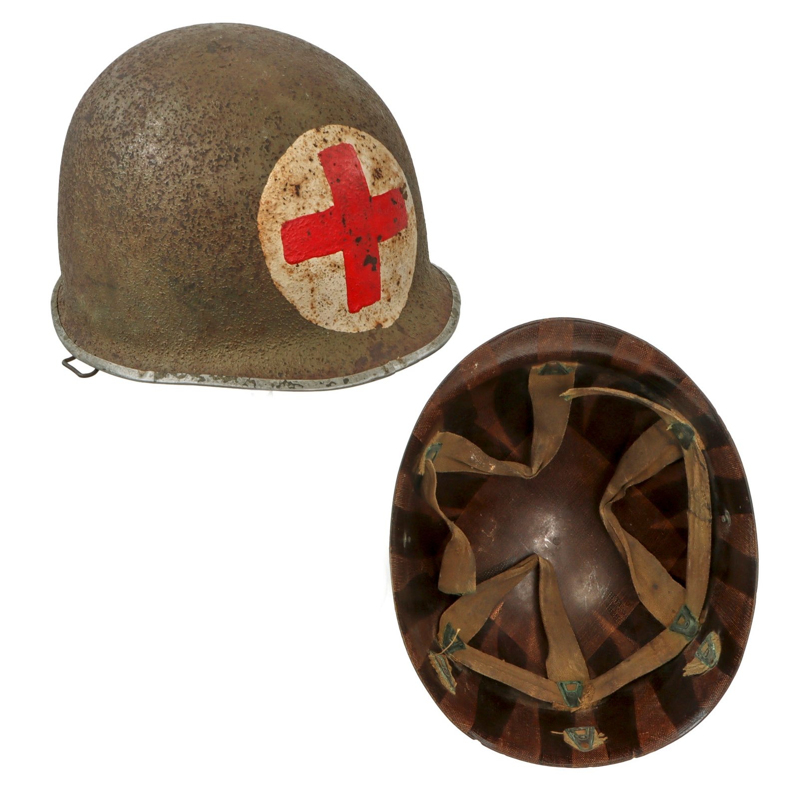 Original U.S. WWII Front Seam Swivel Bale M1 Helmet with Westinghouse Liner - Post-War 1 Panel Medic Paint