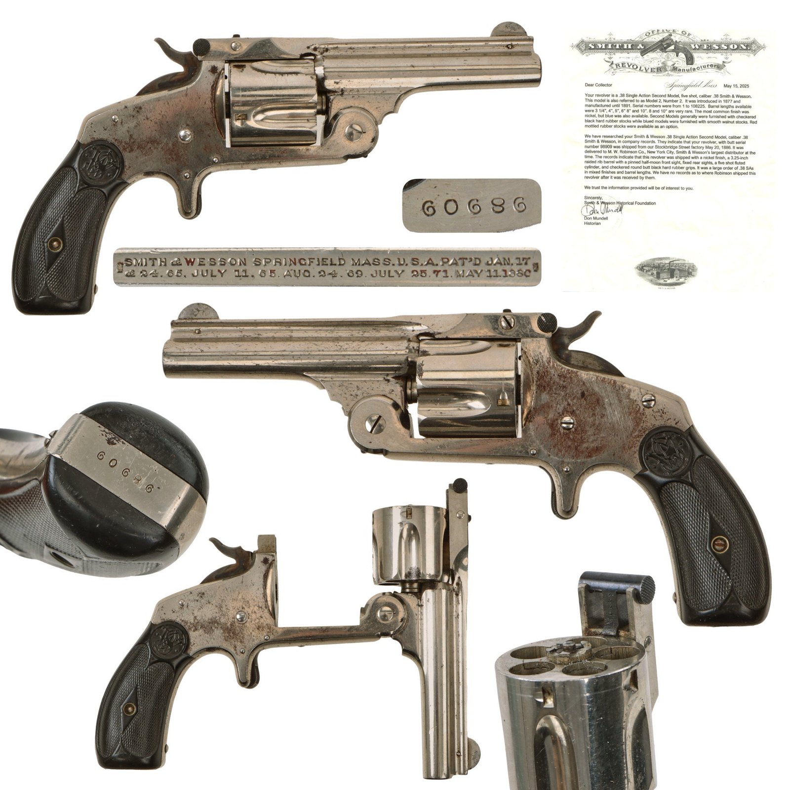 Original U.S. Smith & Wesson Nickel Plated 2nd Model No.2 Single Action .38cal Revolver Made in 1886 with Factory Letter - Matching Serial 98909