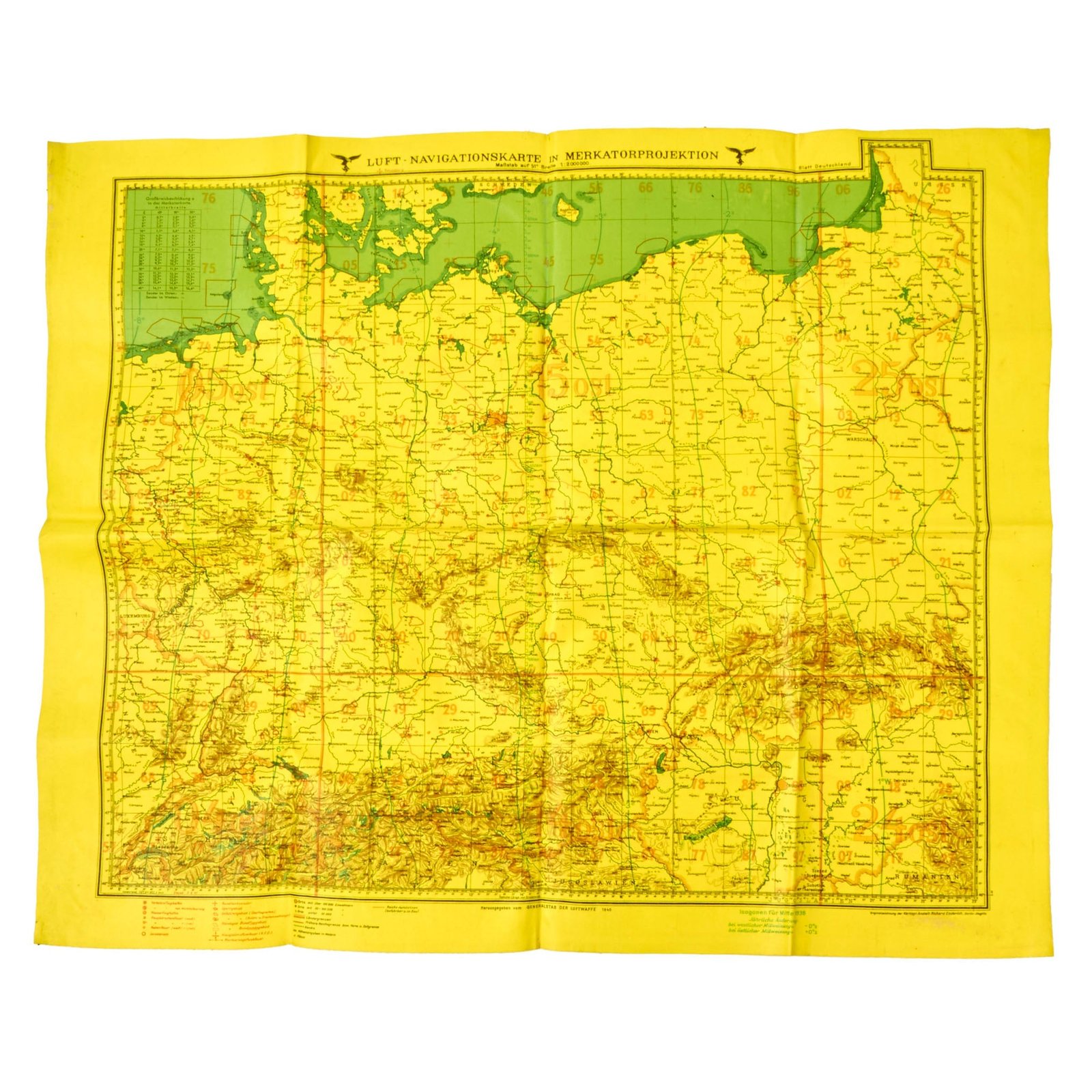 Buy Original German WWII Luftwaffe Double-Sided Yellow Night Flight Navigator Map of England "Battle of Britain" - Dated 1941 | Original Firearms Antique For Sale
