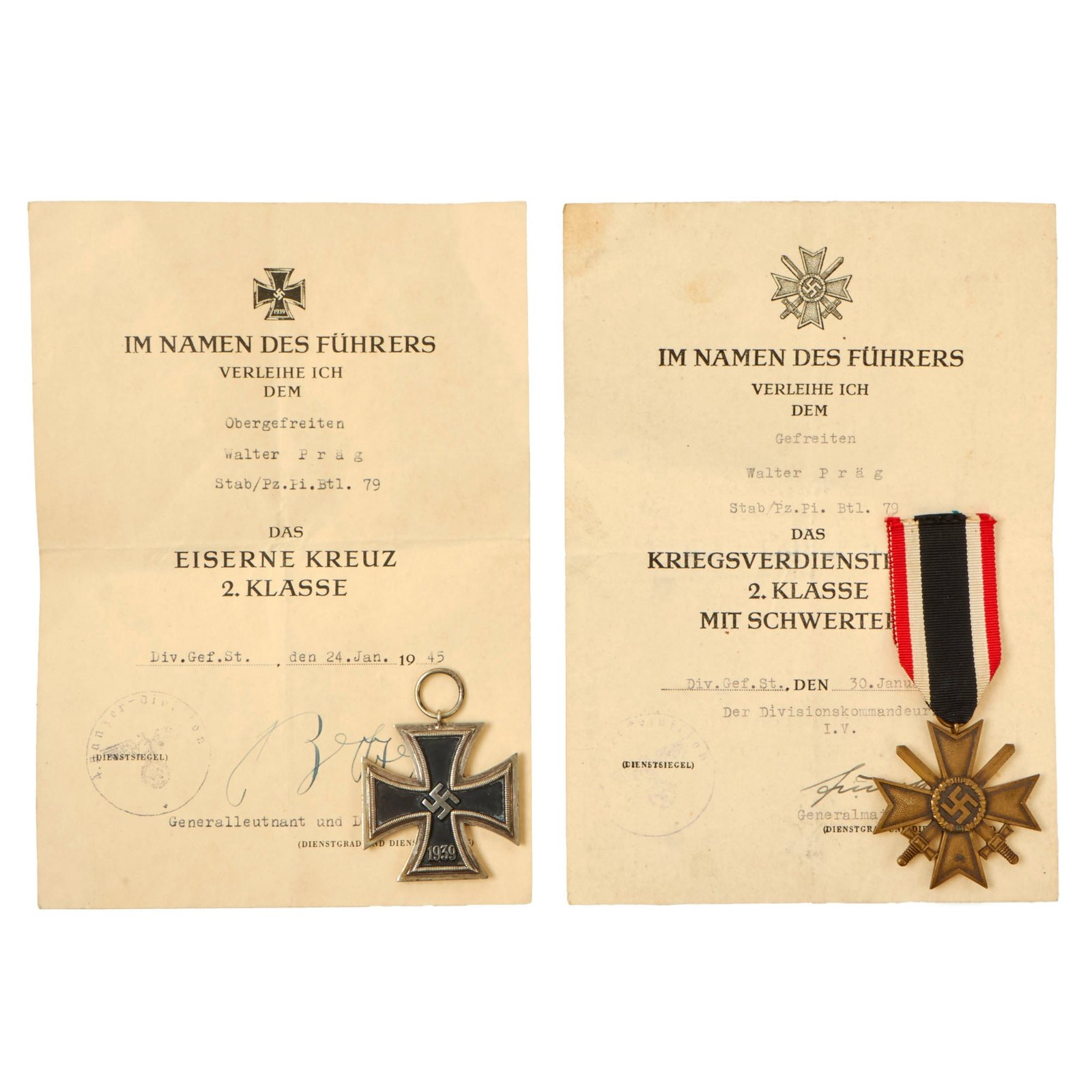 Buy Original German WWII EKII and KvKII with Documents Named to Obergefreiter Walter Präg of Panzer Pioneer Battalion 79 - 4th Panzer Division | Original Firearms Antique For Sale