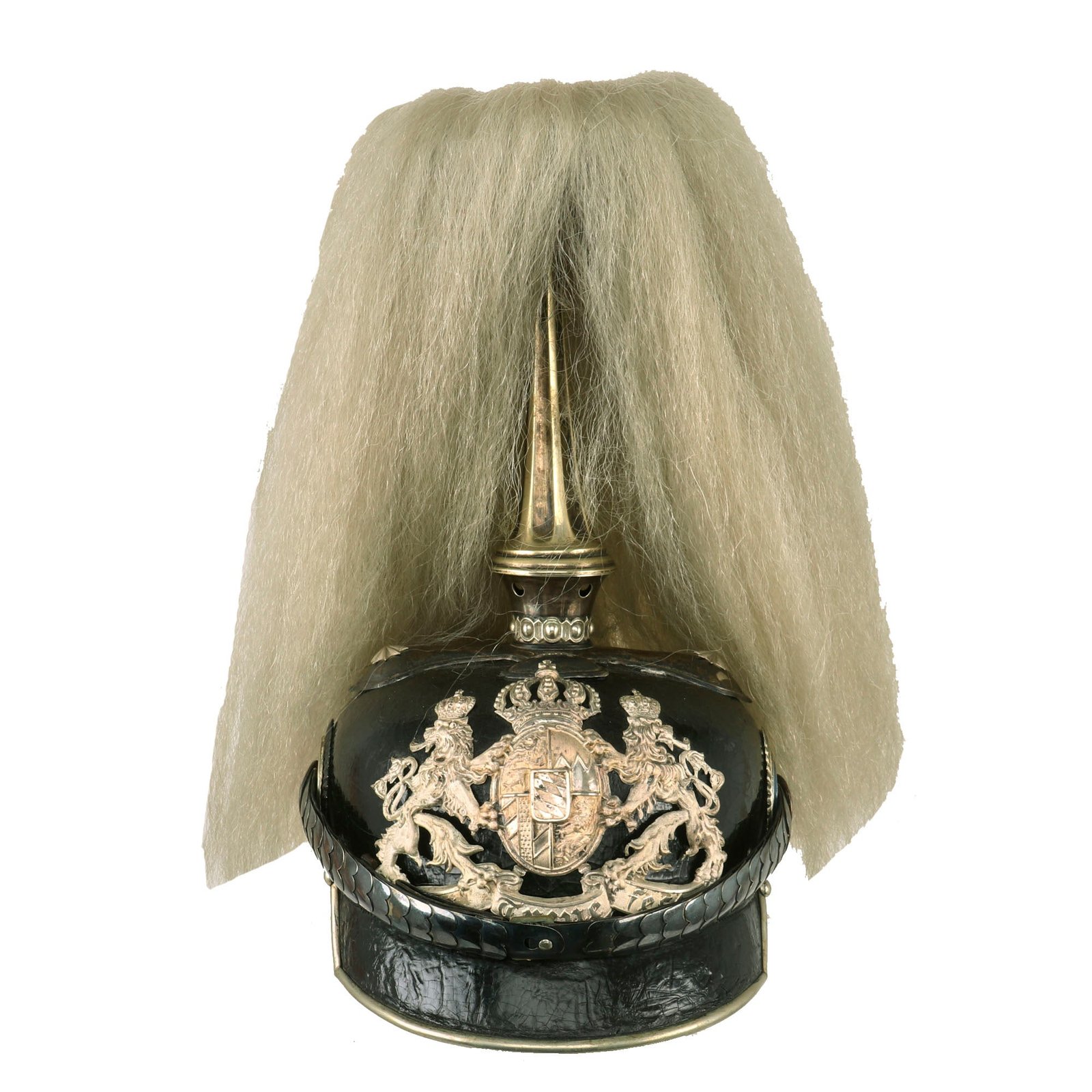 Buy Original German WWI Bavarian M1886/14 Chevau-légers Cavalry Officer Pickelhaube Helmet with Tall Spike and White Plume | Original Firearms Antique For Sale