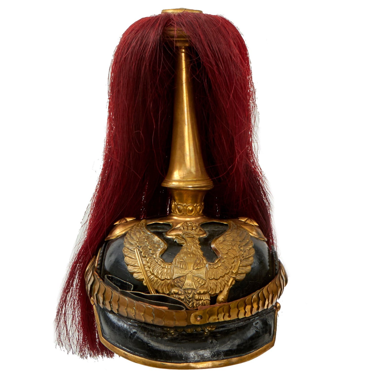 Buy Original German WWI Prussian Landwehr Dragoon Officer M1897 Pickelhaube Helmet with Musician’s “Trichter” Parade Plume | Original Firearms Antique For Sale