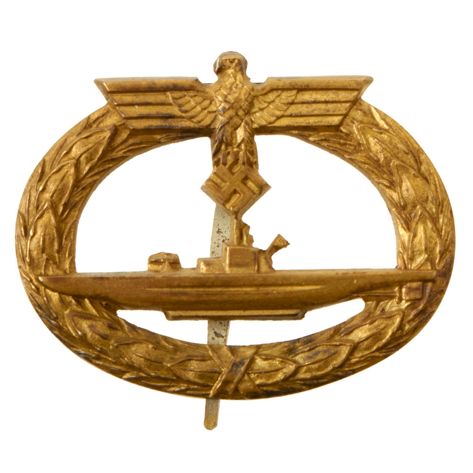 Buy Original Rare German WWII Named Early Fire Gilded Tombac Kriegsmarine U-Boat War Badge by C.E. Juncker - U-Boot-Kriegsabzeichen | Original Firearms Antique For Sale