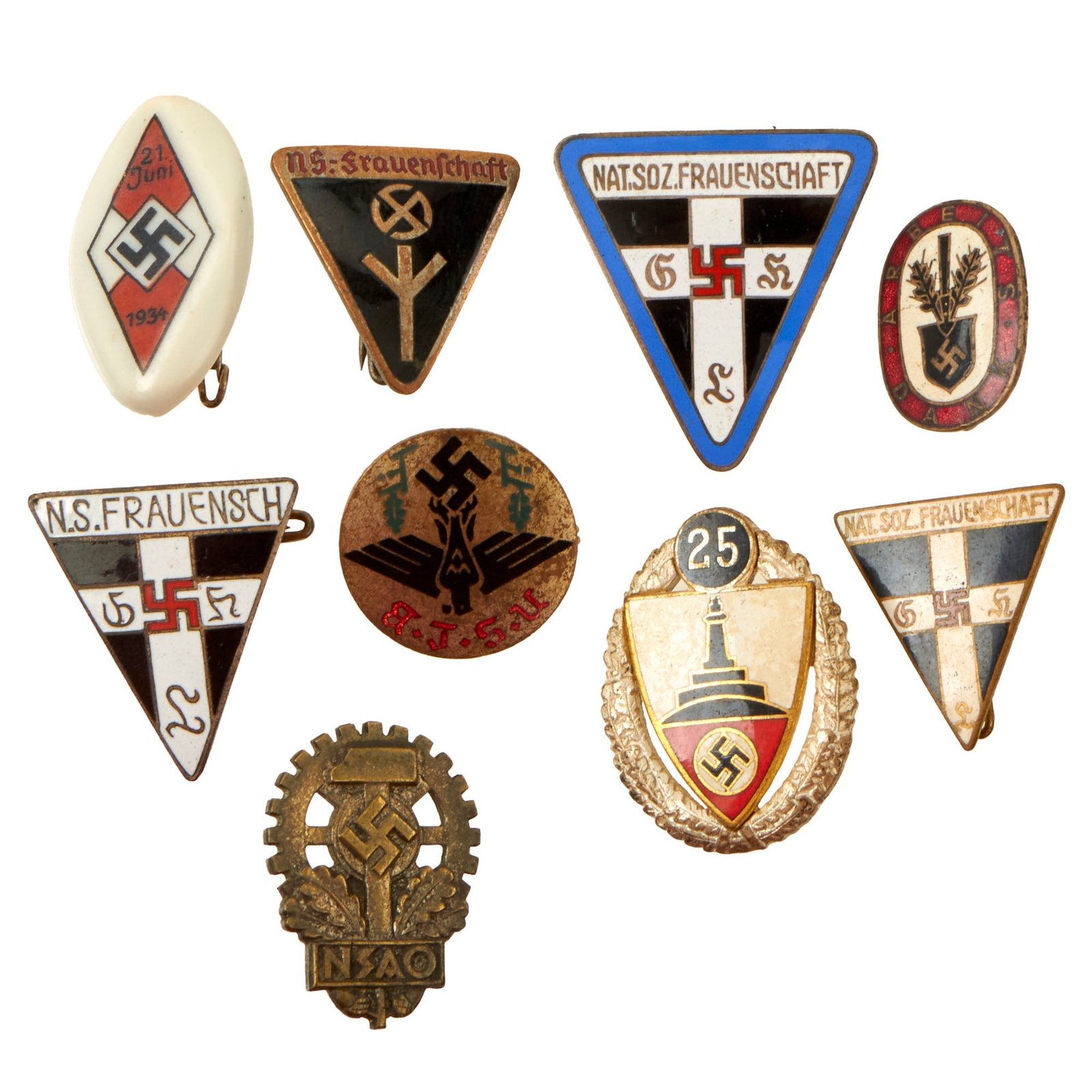 Buy Original German WWII USGI Bring Back Badge Grouping with 4 NS-Frauenshaft Membership Badges - 9 Items | Original Firearms Antique For Sale
