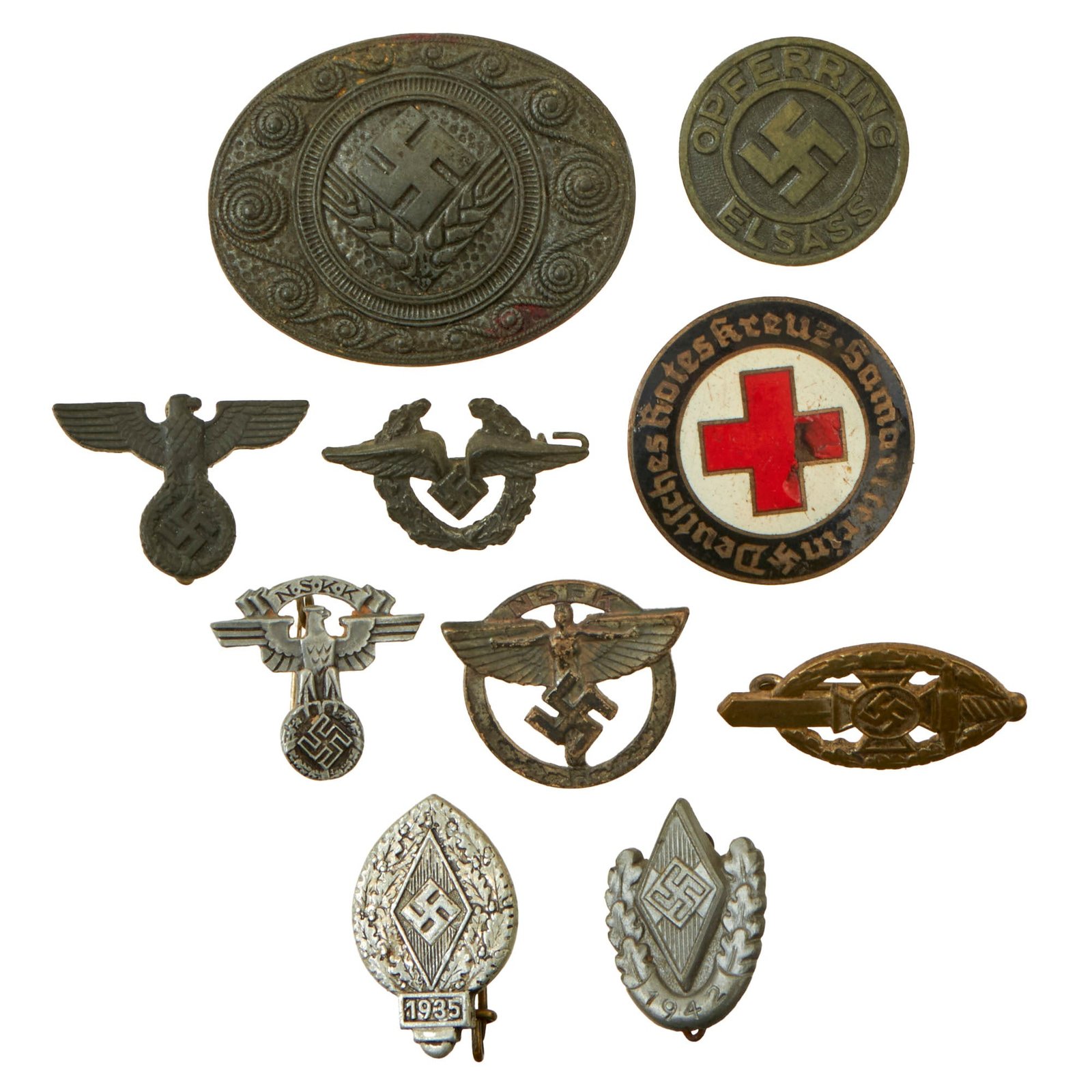 Buy Original German WWII USGI Bring Back Tinnie and Badge Grouping with DRK and HJ Items - 10 Items | Original Firearms Antique For Sale