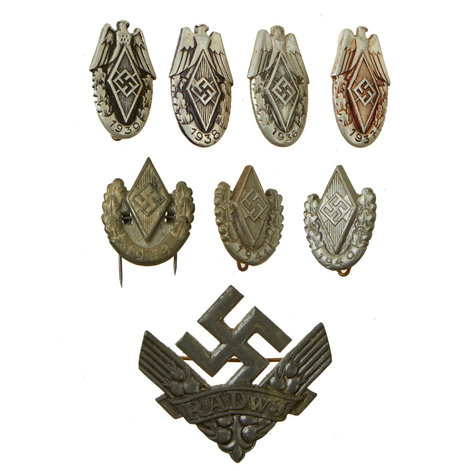 Buy Original German WWII USGI Bring Back HJ National Youth Association Tinnie Grouping with RADwJ Badge - 8 Items | Original Firearms Antique For Sale