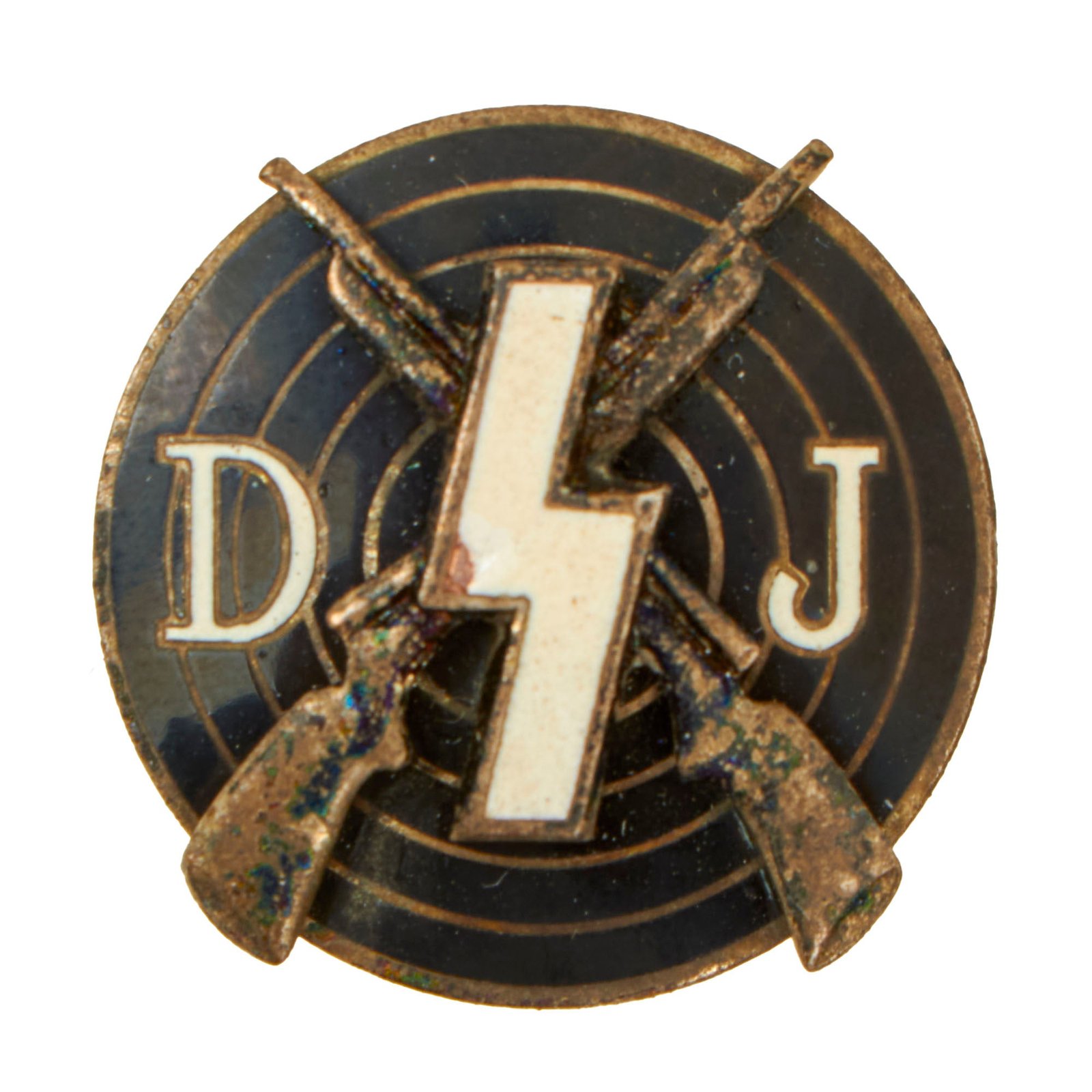 Buy Original German WWII Deutsches Jungvolk DJ Enamel Shooting Award Badge Pin by Fritz Kohm of Pforzheim - RZM M1/66 | Original Firearms Antique For Sale