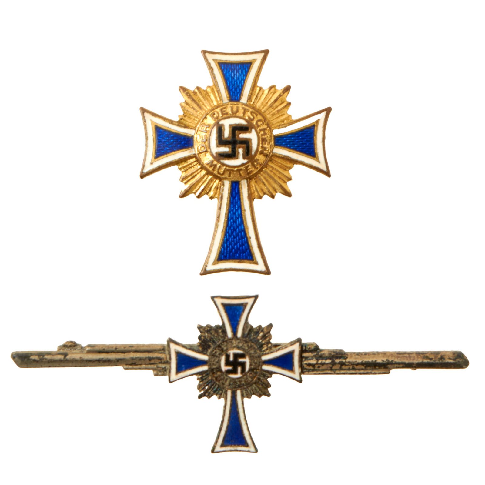 Buy Original German WWII Set of Two Mother’s Cross Lapel Pins - (1) Gold (1) Silver - Cross of Honor of the German Mother | Original Firearms Antique For Sale