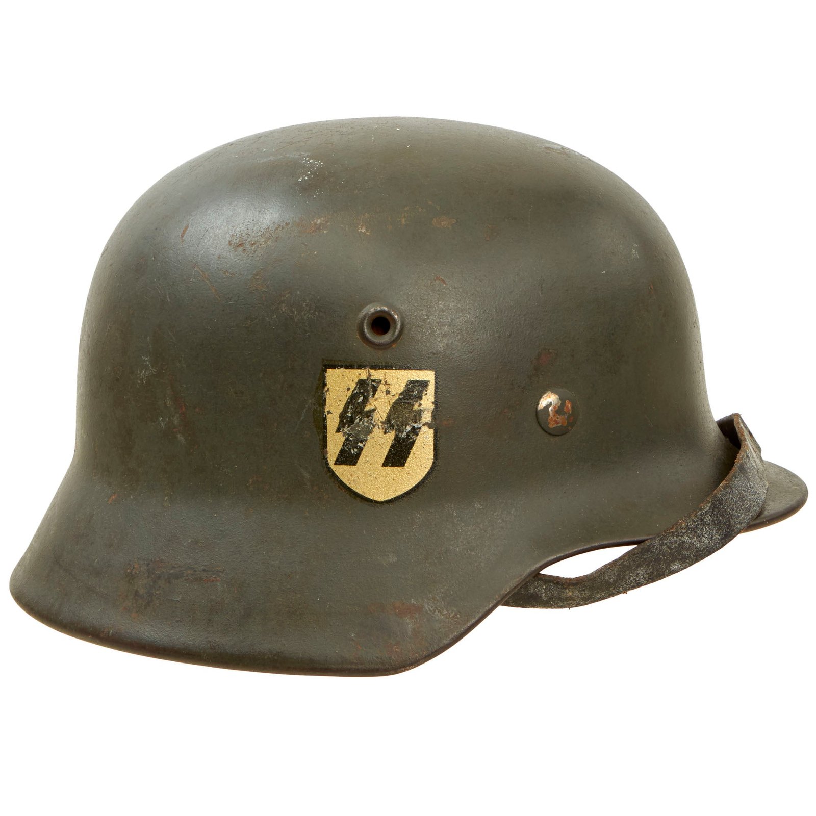 Buy Original Rare German WWII Waffen SS M40 Single Decal Helmet with 55cm Liner and Chinstrap - Stamped ET62 | Original Firearms Antique For Sale