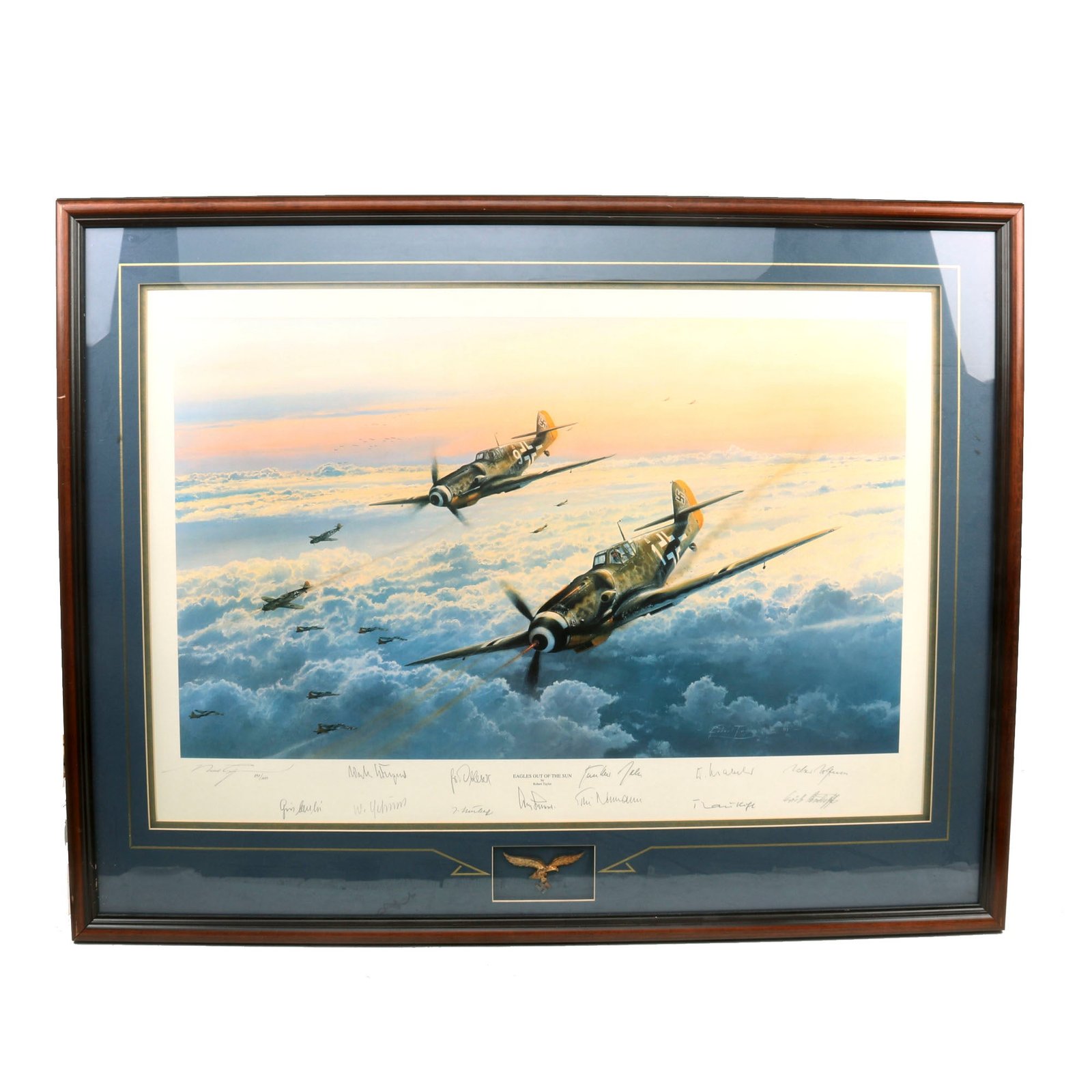 Buy Original Signed Limited Edition Print: Framed “Eagles Out of the Sun” by Robert Taylor with Twelve Signatures of WWII Luftwaffe Fighter Aces Totaling 1771 Air Victories - 30 x 38½” - 898/1250 | Original Firearms Antique For Sale
