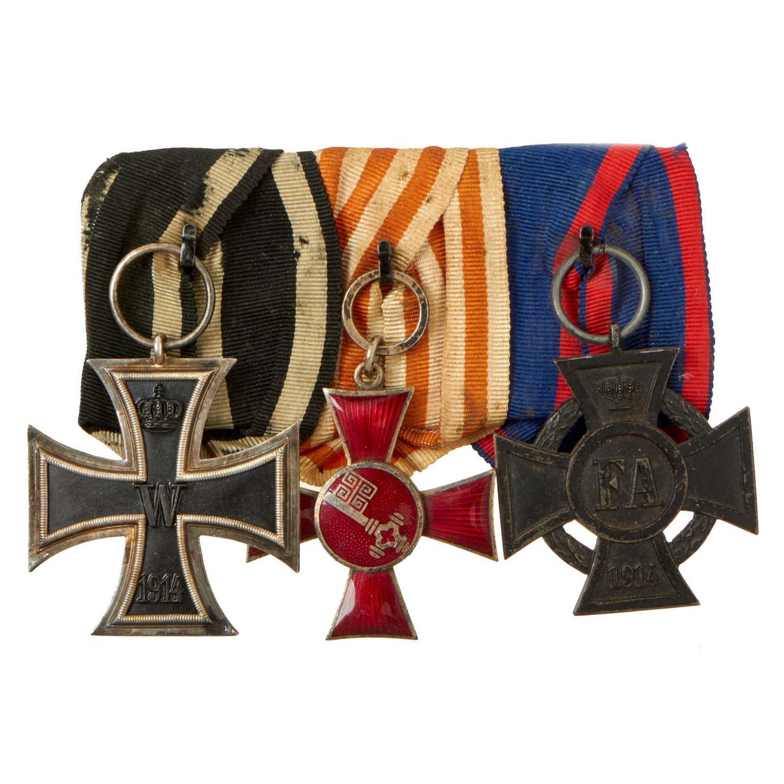 Buy Original Imperial German WWI Era Medal Bar with 1914 EKII, Bremen Hanseatic Cross, & Friedrich-August Cross - 3 Awards | Original Firearms Antique For Sale