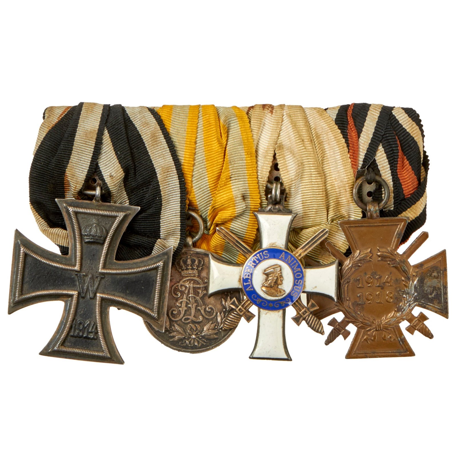 Buy Original Imperial German Saxony WWI Era Medal Bar with EKII, Kingdom of Saxony Friedrich August Medal, & Albertus Animosus Silver Cross - DRGM Marked Mount | Original Firearms Antique For Sale