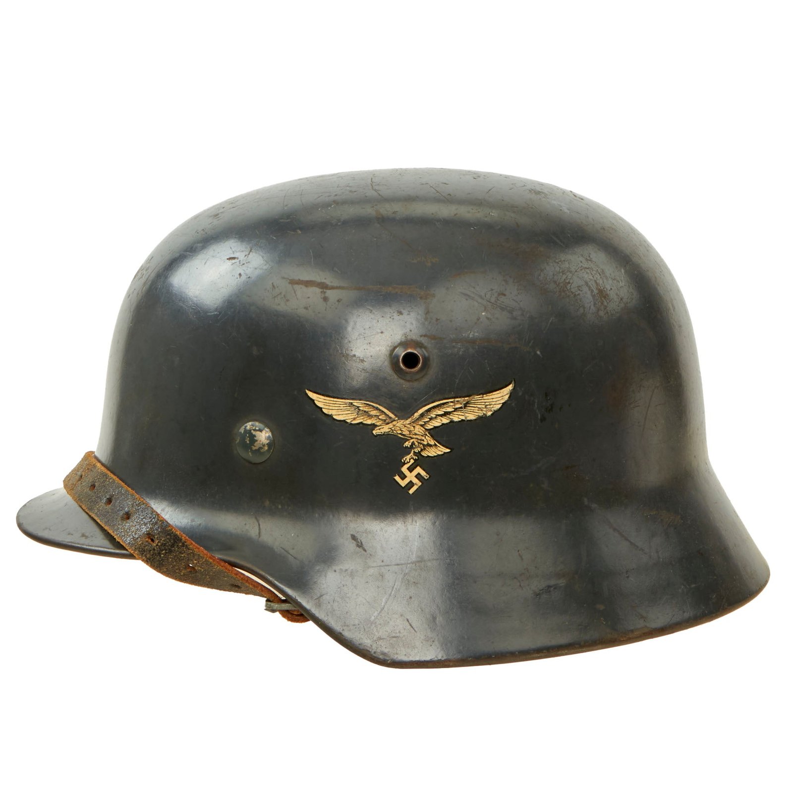 Buy Original German WWII Luftwaffe M35 Double Decal Steel Helmet with 1939 Dated 59cm Liner & Chinstrap - marked ET66 | Original Firearms Antique For Sale
